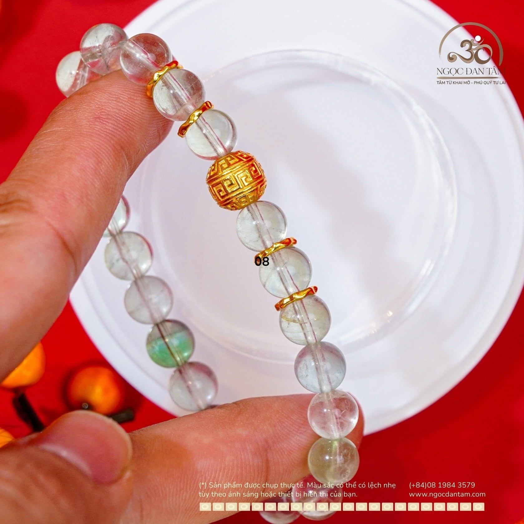  Vòng Tay Fluorite 8mm 2A Phối Charm Chữ Vạn Mạ Vàng 