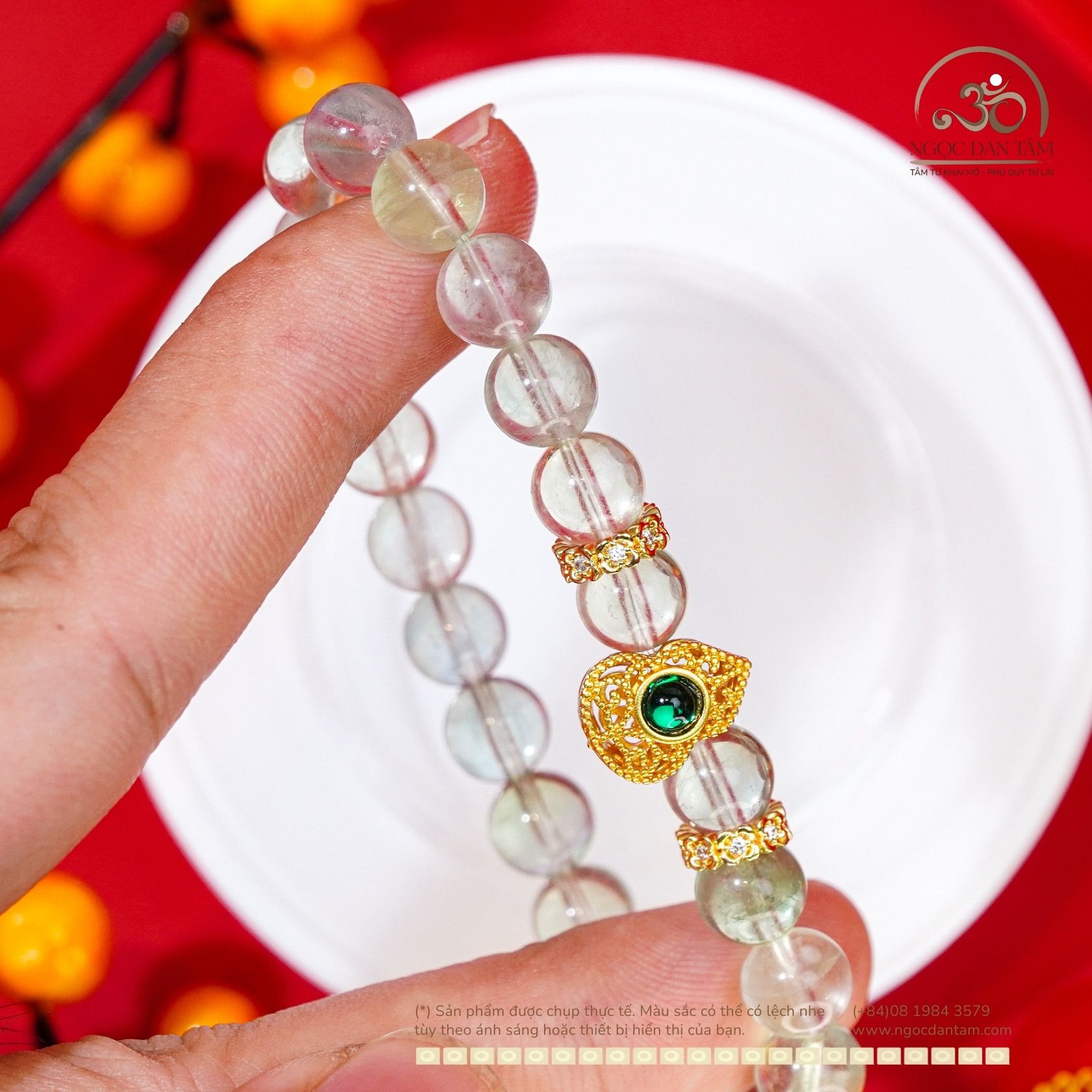  Vòng Tay Đá Fluorite Xanh 8mm Phối Charm Ngọc Bích Hồ Lô 