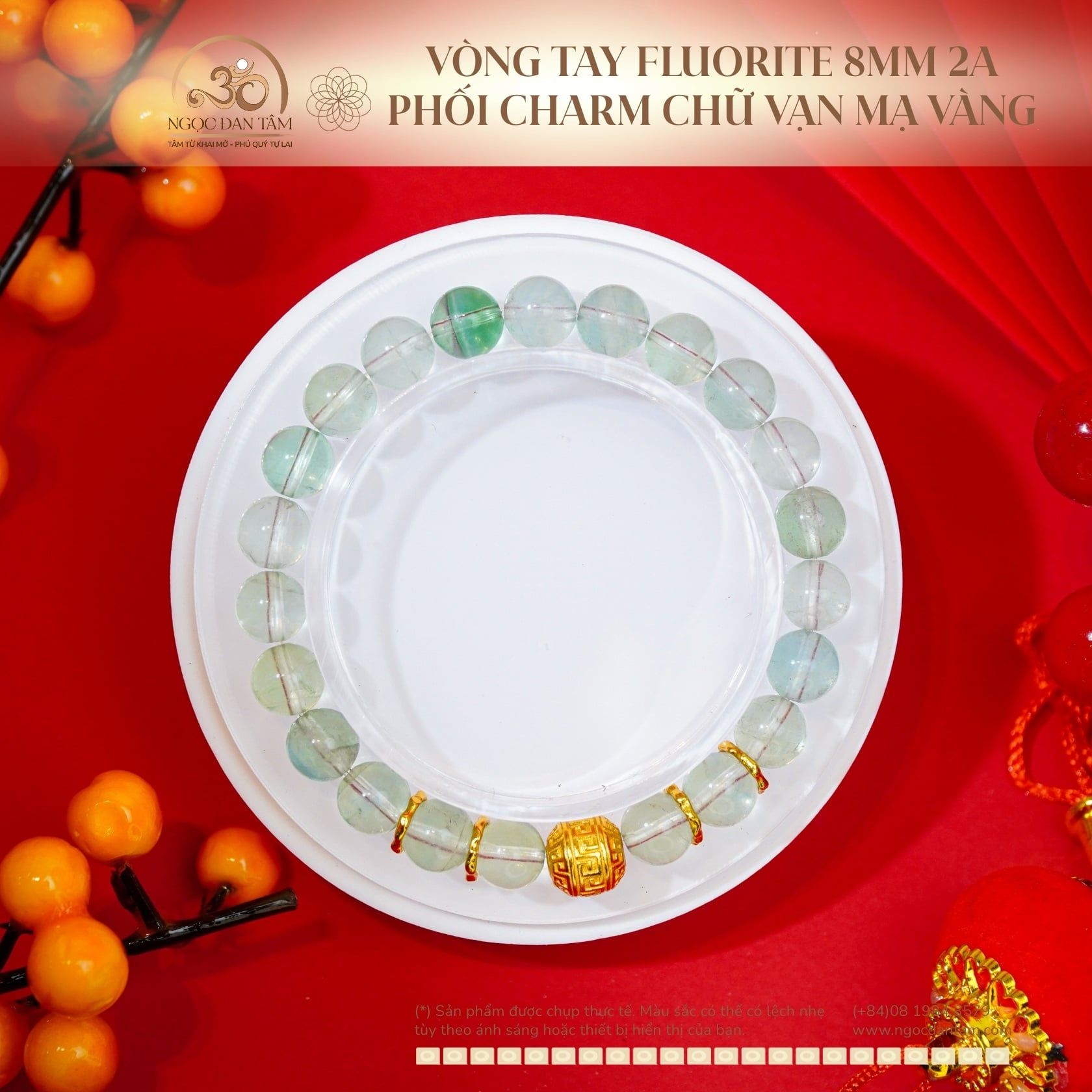 Vòng Tay Fluorite 8mm 2A Phối Charm Chữ Vạn Mạ Vàng 