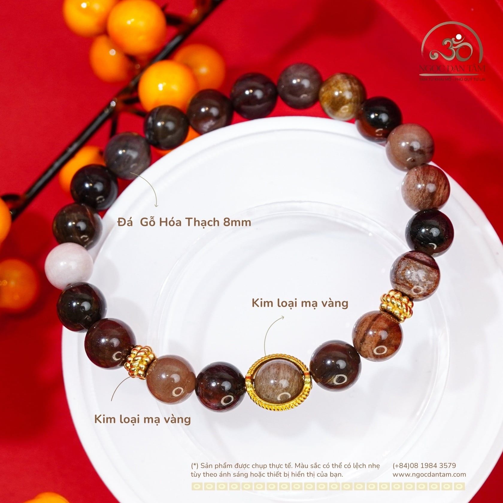  Vòng Tay Gỗ Hóa Thạch 8mm Phối Charm Bọc Đá 