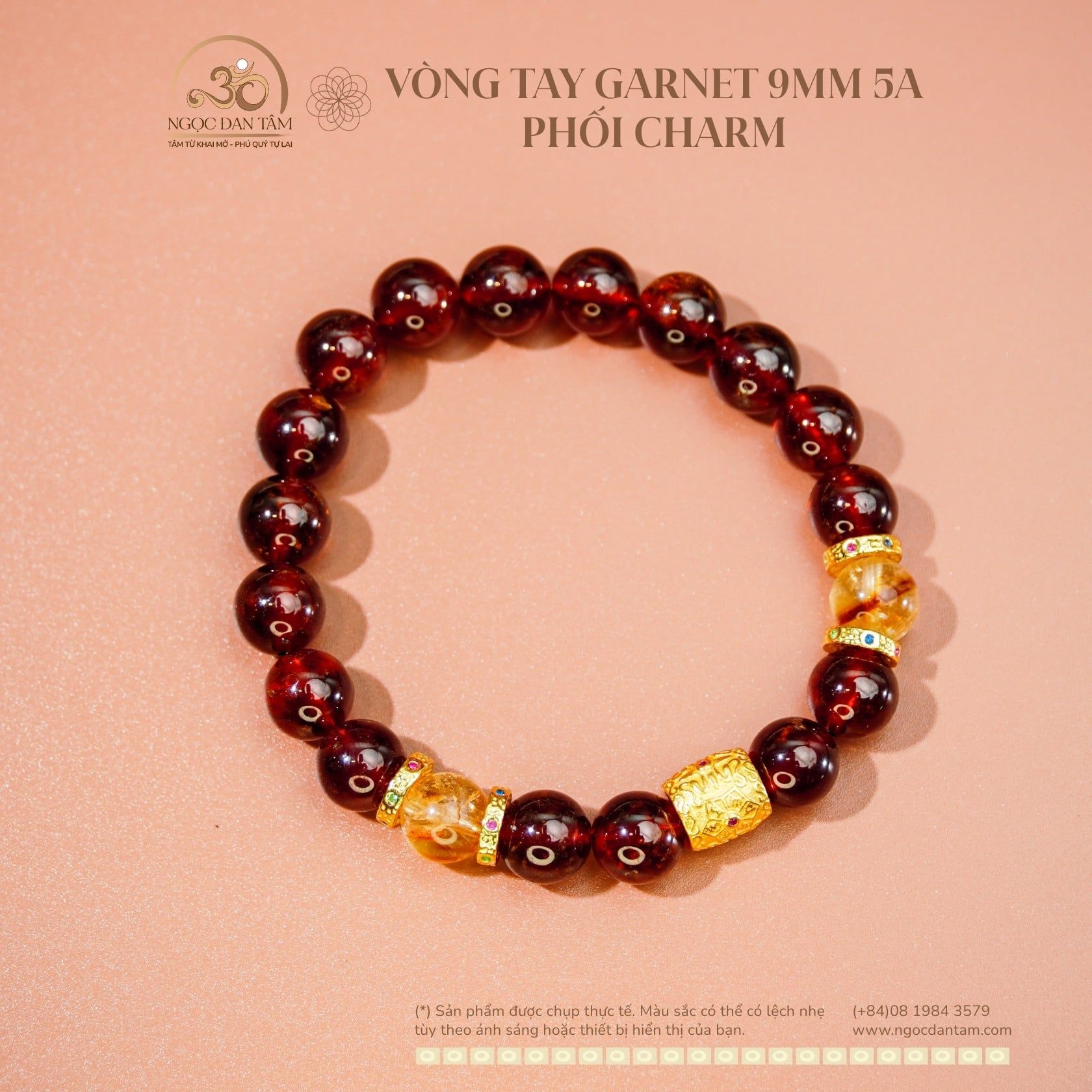  Vòng Tay Garnet 9mm 5A Phối Charm Lu Thống Đính Đá 