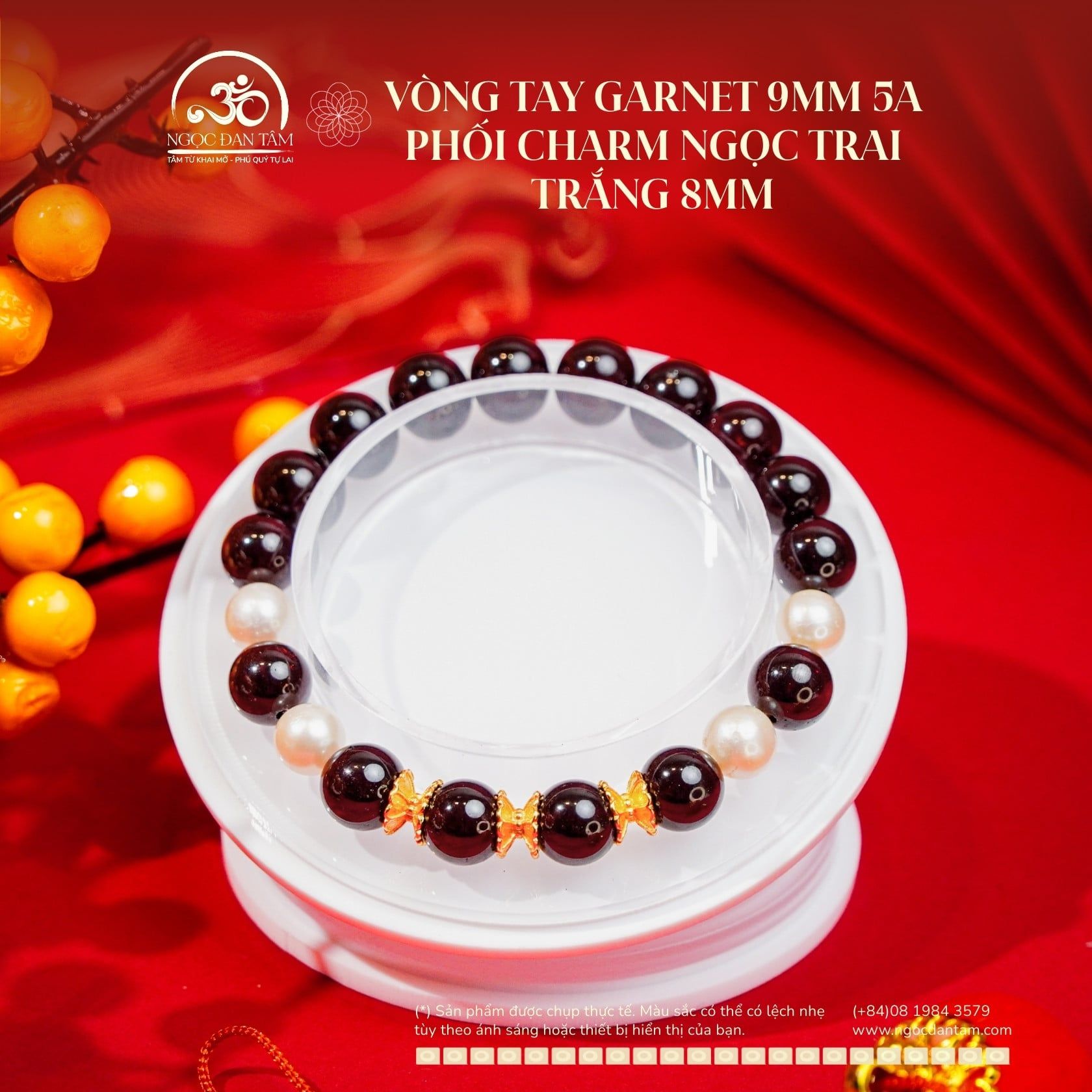  Vòng Tay Garnet Phối Charm Ngọc Trai Trắng 