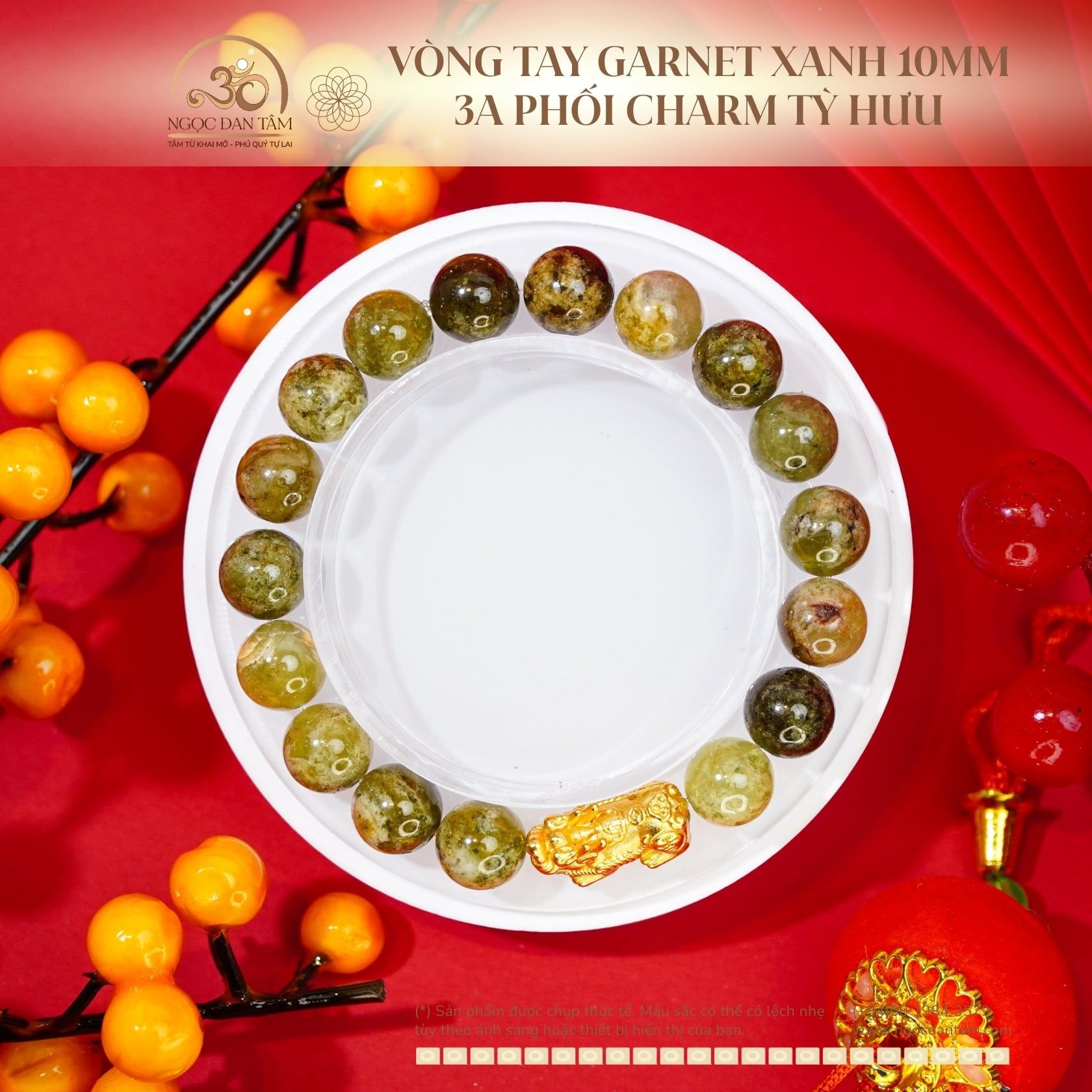  Vòng Tay Garnet Xanh 10mm 3A Phối Charm Tỳ Hưu 