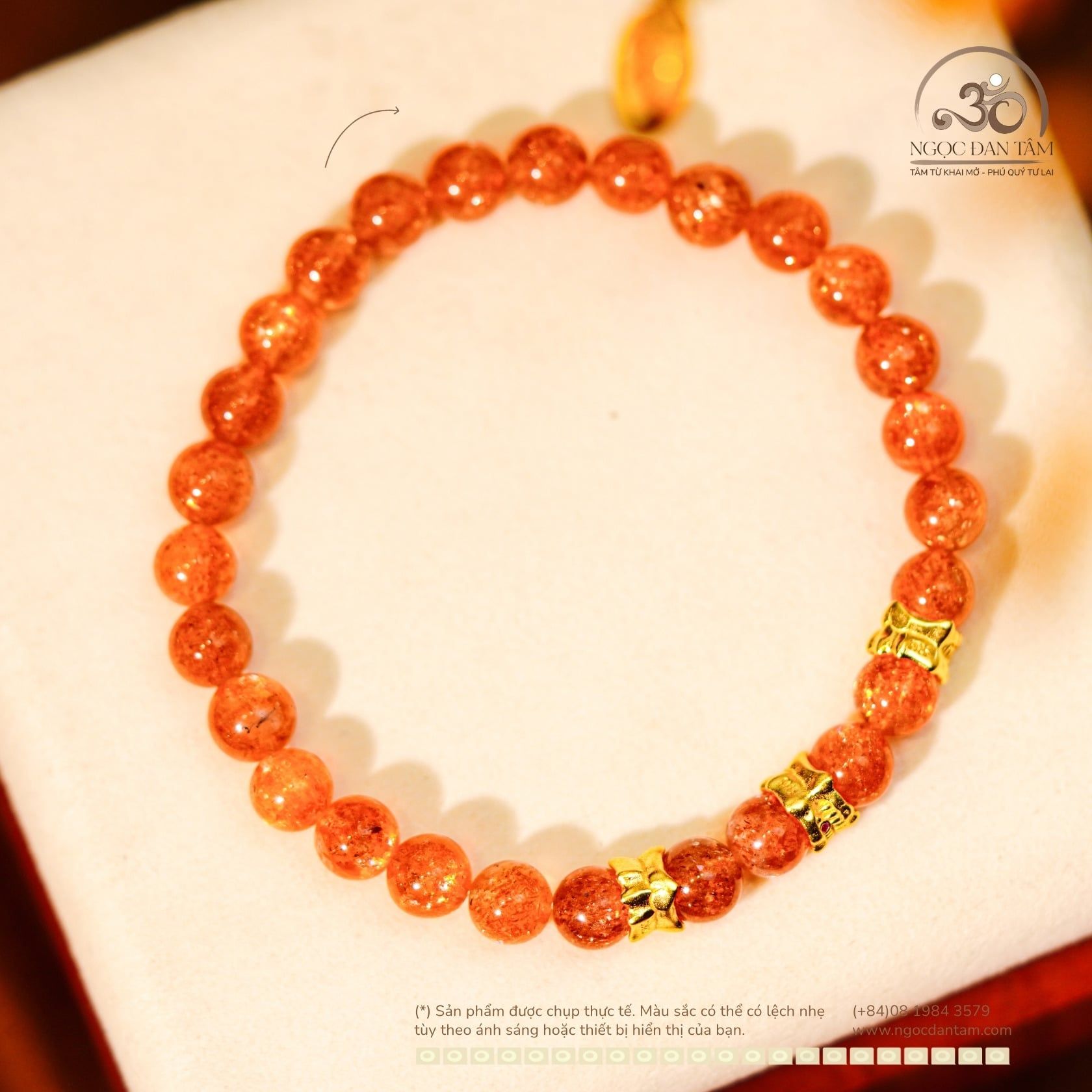  Vòng Tay Hồng Nhật Vận 6,5mm Phối Charm Răng Đính Đá Hồng Nhỏ 