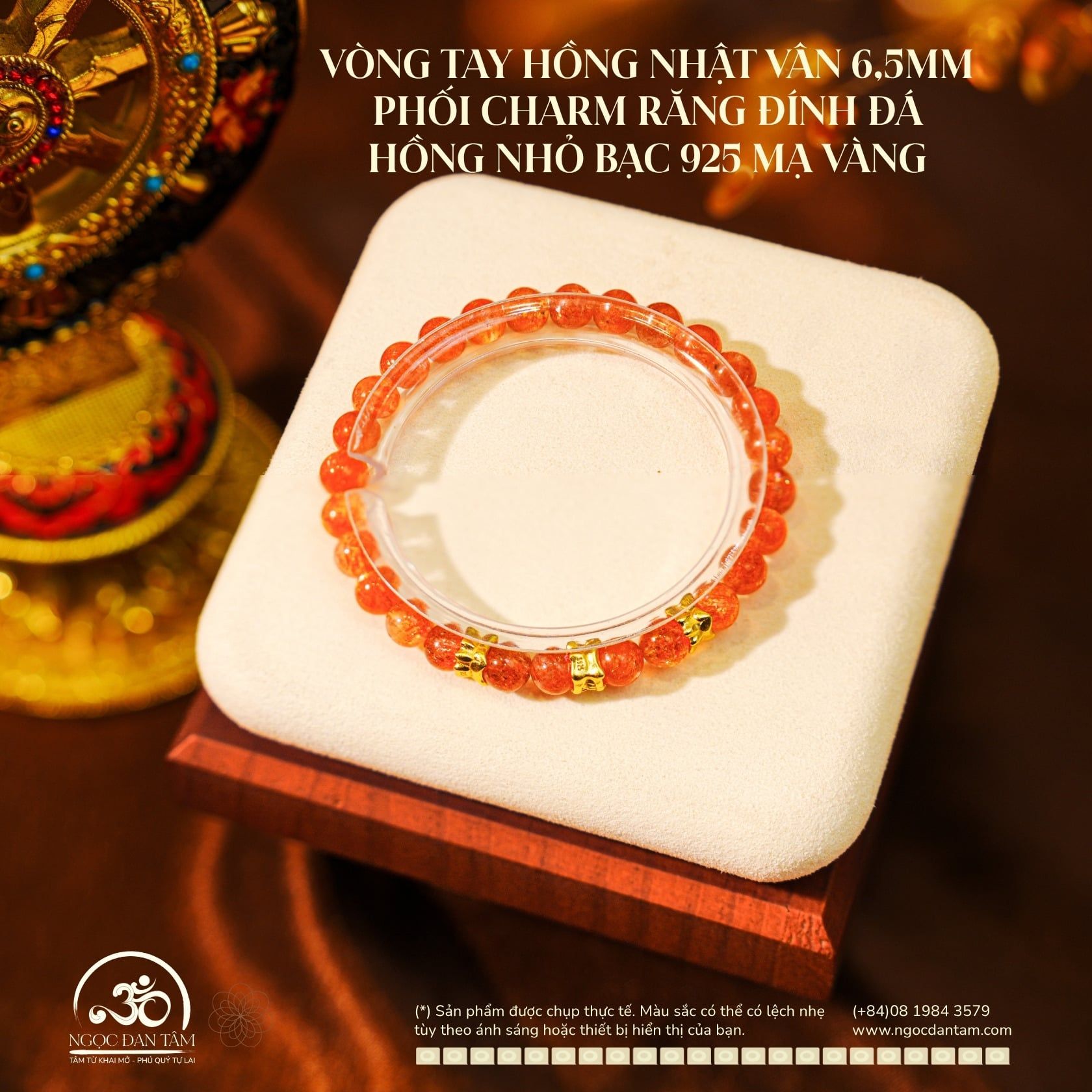  Vòng Tay Hồng Nhật Vận 6,5mm Phối Charm Răng Đính Đá Hồng Nhỏ 