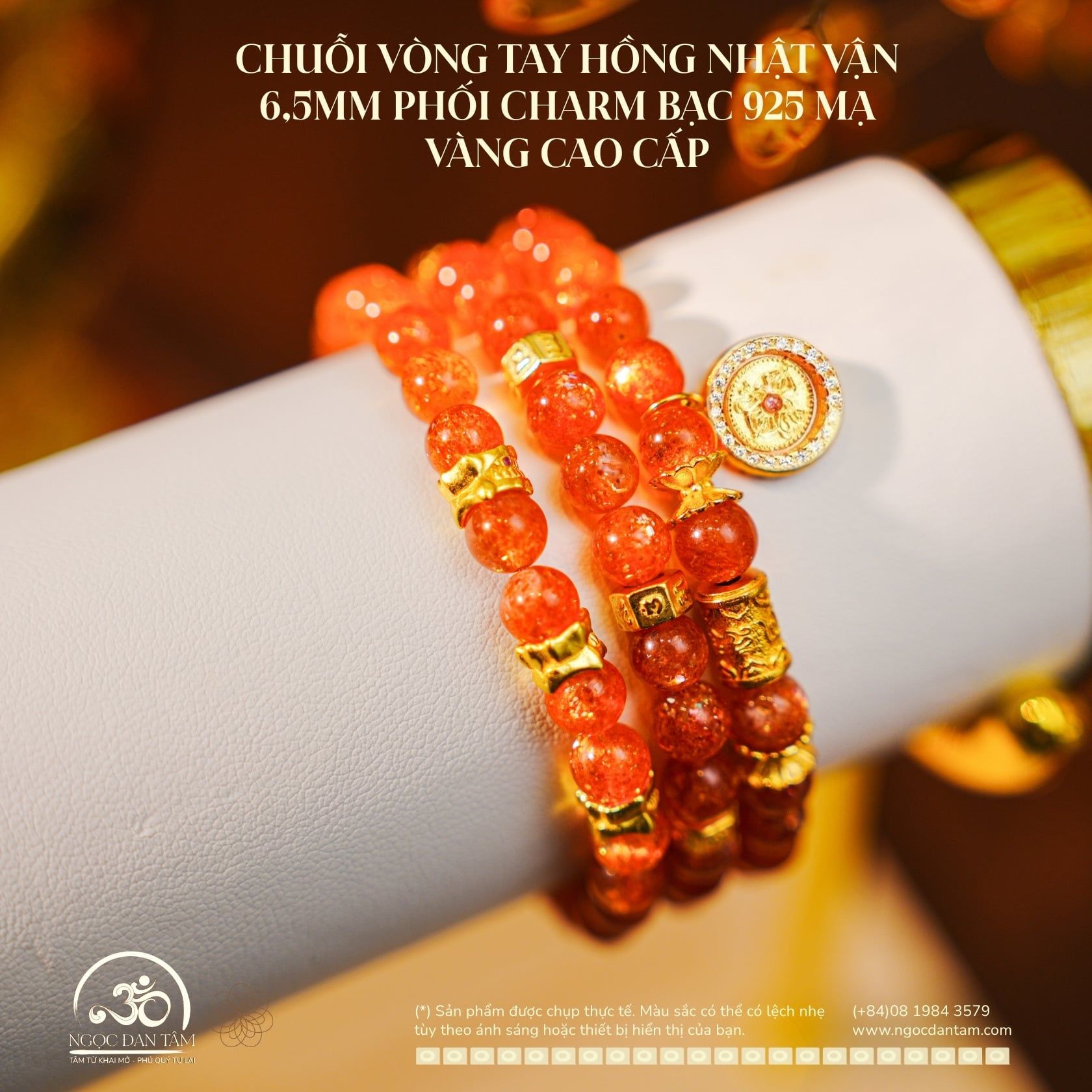  Vòng Tay Hồng Nhật Vận 6,5mm Phối Charm Bạc 925 Mạ Vàng Cao Cấp 