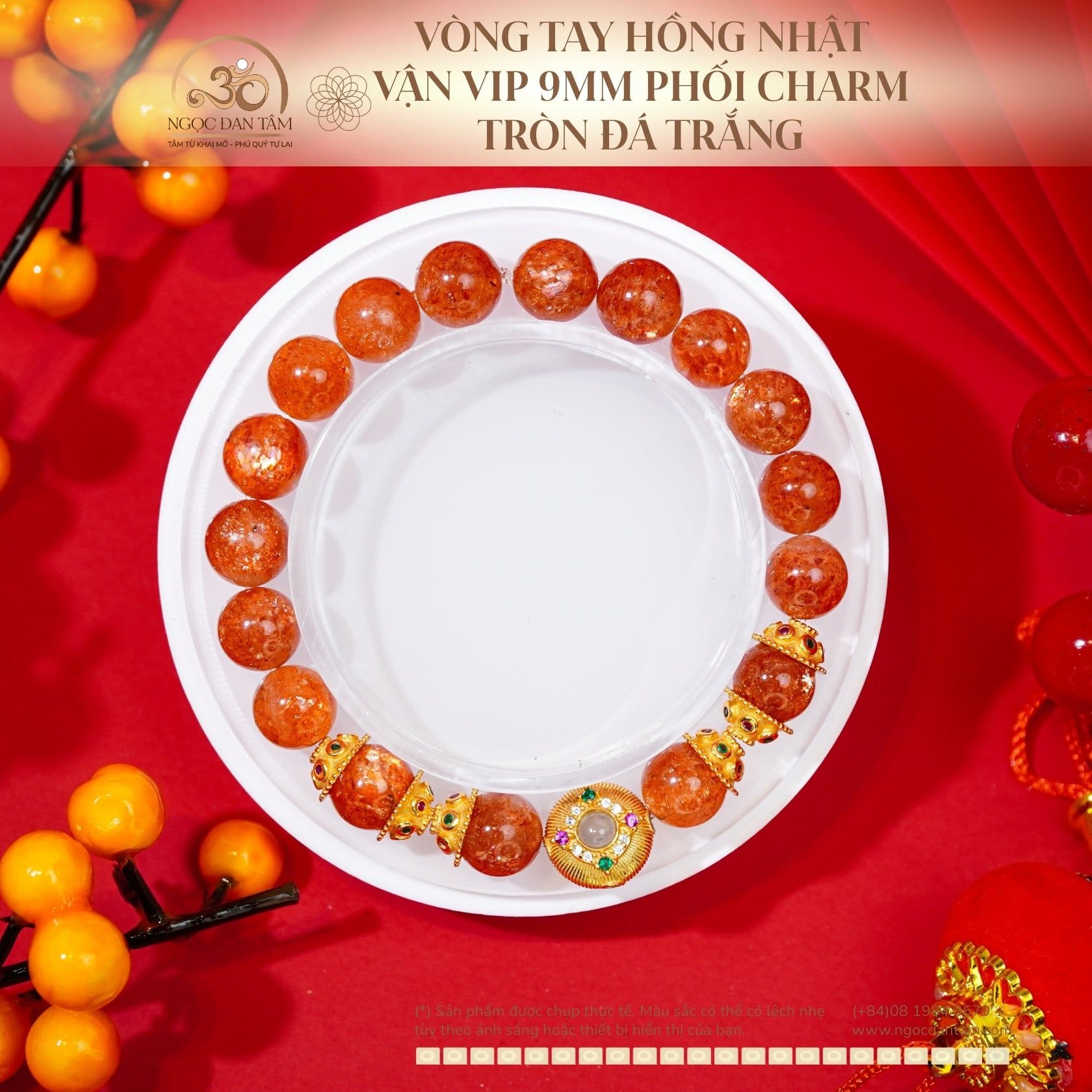  Vòng Tay Hồng Nhật Vận Vip 9mm Phối Charm Tròn Đá Trắng 