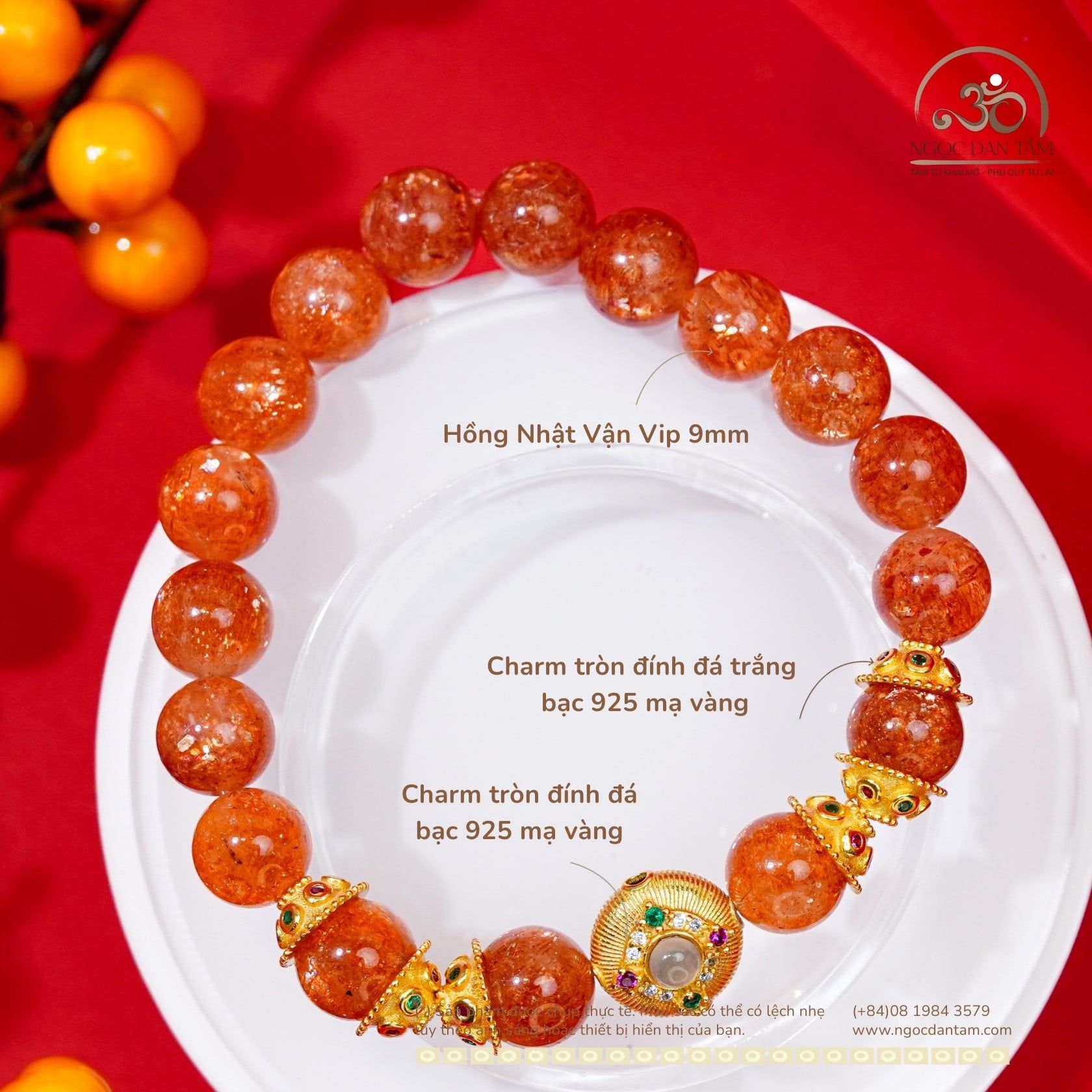  Vòng Tay Hồng Nhật Vận Vip 9mm Phối Charm Tròn Đá Trắng 