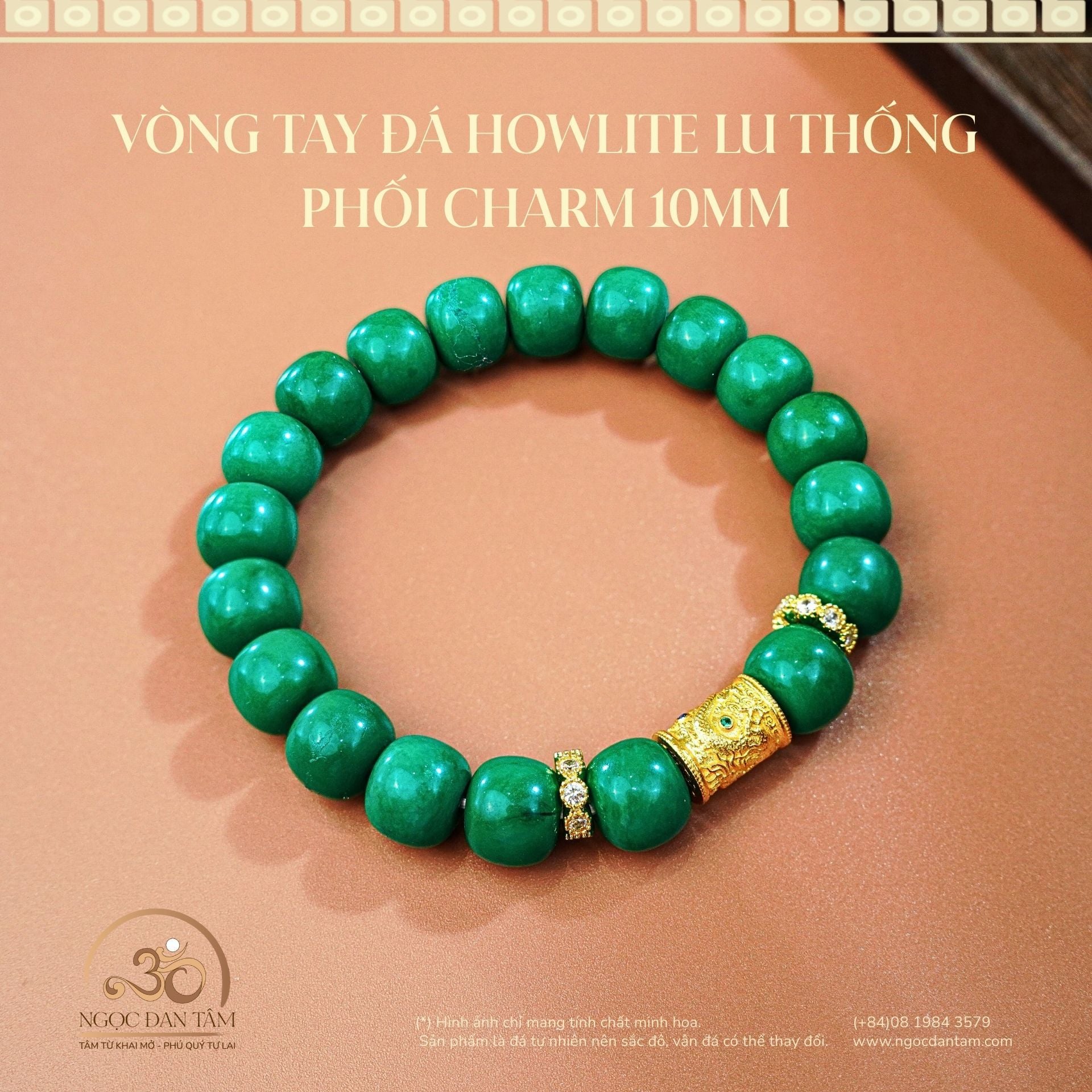  Vòng Tay Đá Howlite Lu Thống Phối Charm 10mm 