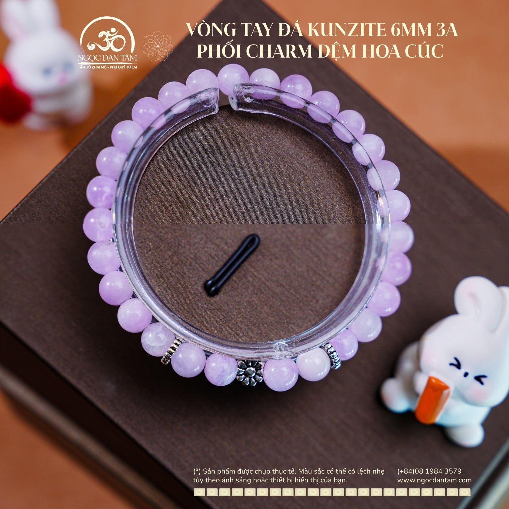  Vòng Tay Đá Kunzite 6mm 3A Phối Charm Đệm Hoa Cúc 