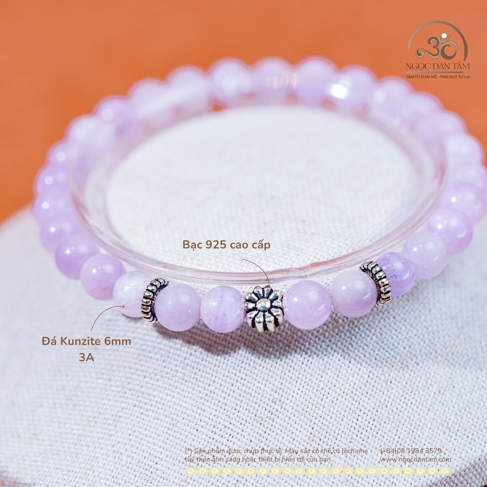  Vòng Tay Đá Kunzite 6mm 3A Phối Charm Đệm Hoa Cúc 