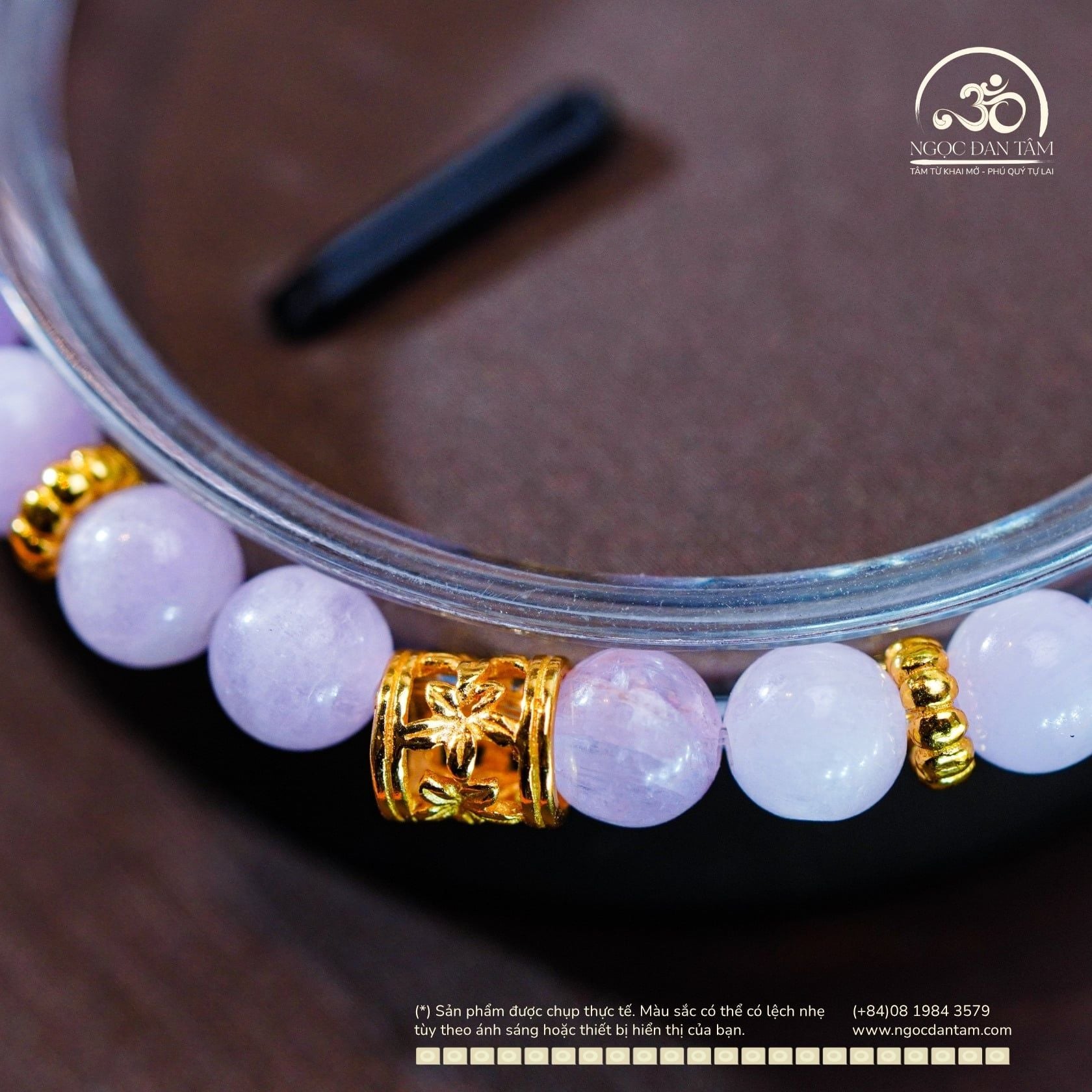  Vòng Tay Đá Kunzite 6mm 3A Phối Charm Trụ Hoa 5 cánh 