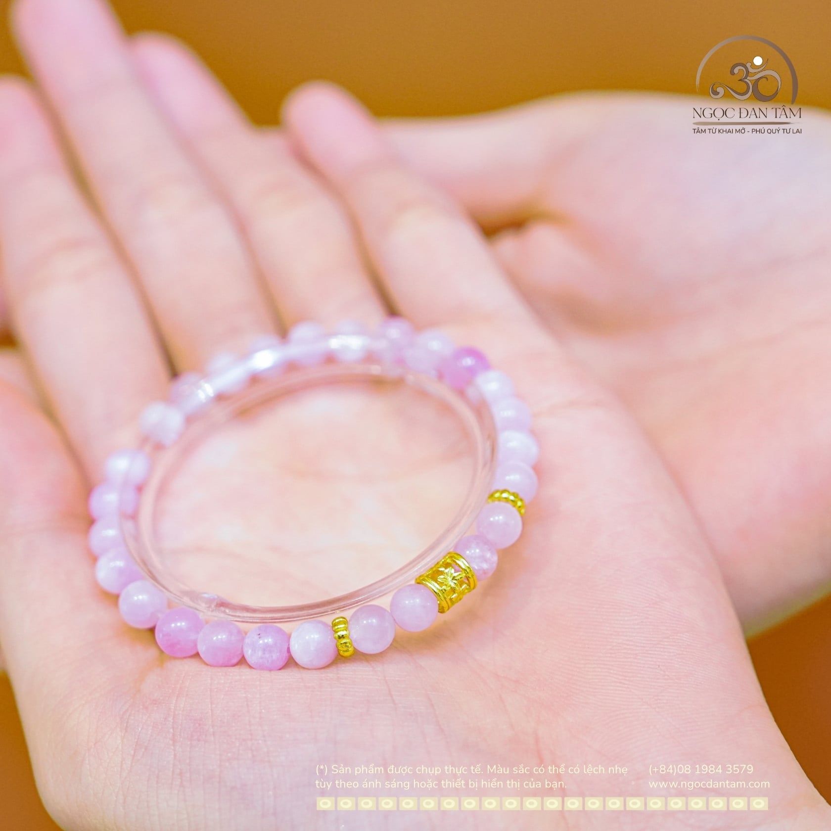  Vòng Tay Đá Kunzite 6mm 3A Phối Charm Trụ Hoa 5 cánh 