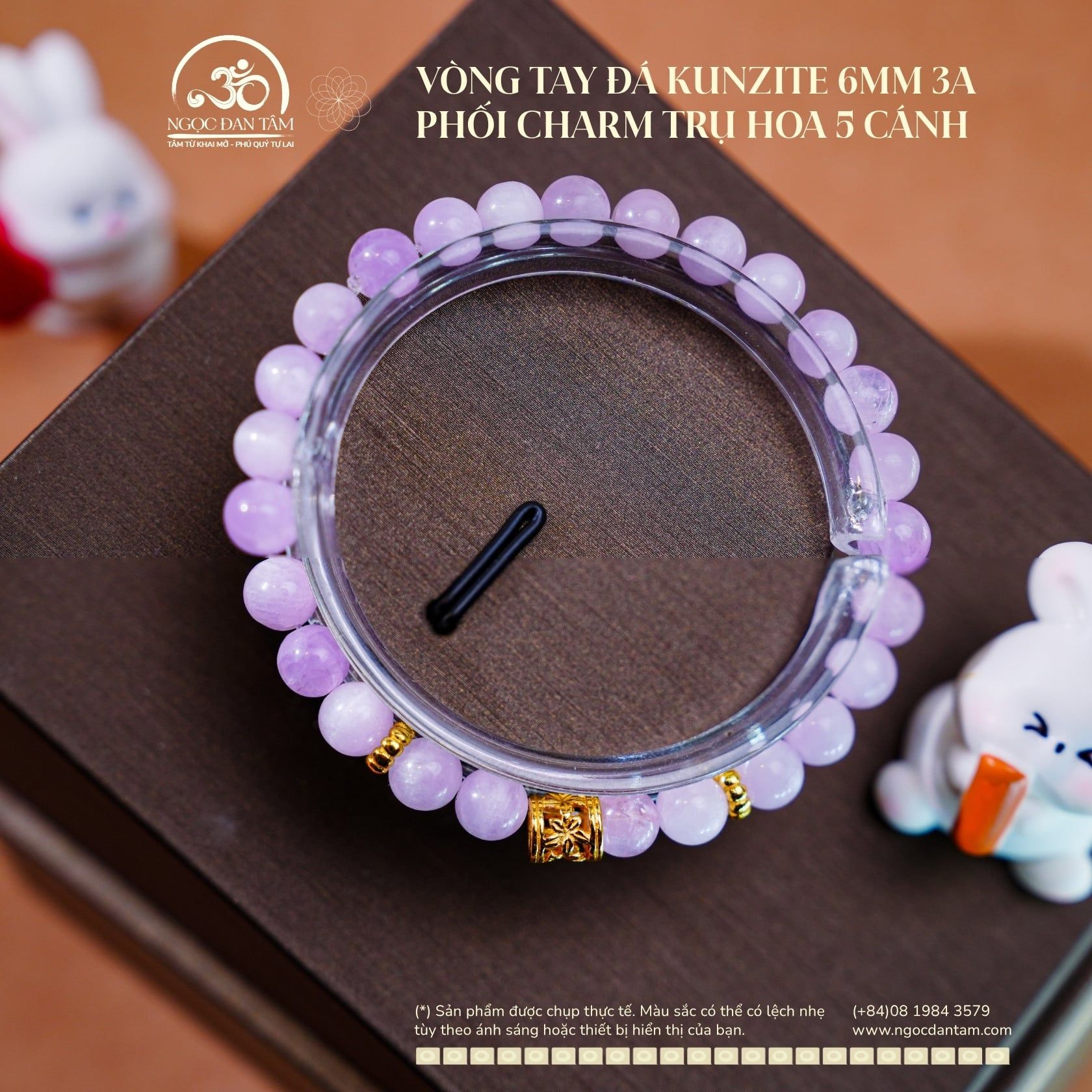  Vòng Tay Đá Kunzite 6mm 3A Phối Charm Trụ Hoa 5 cánh 