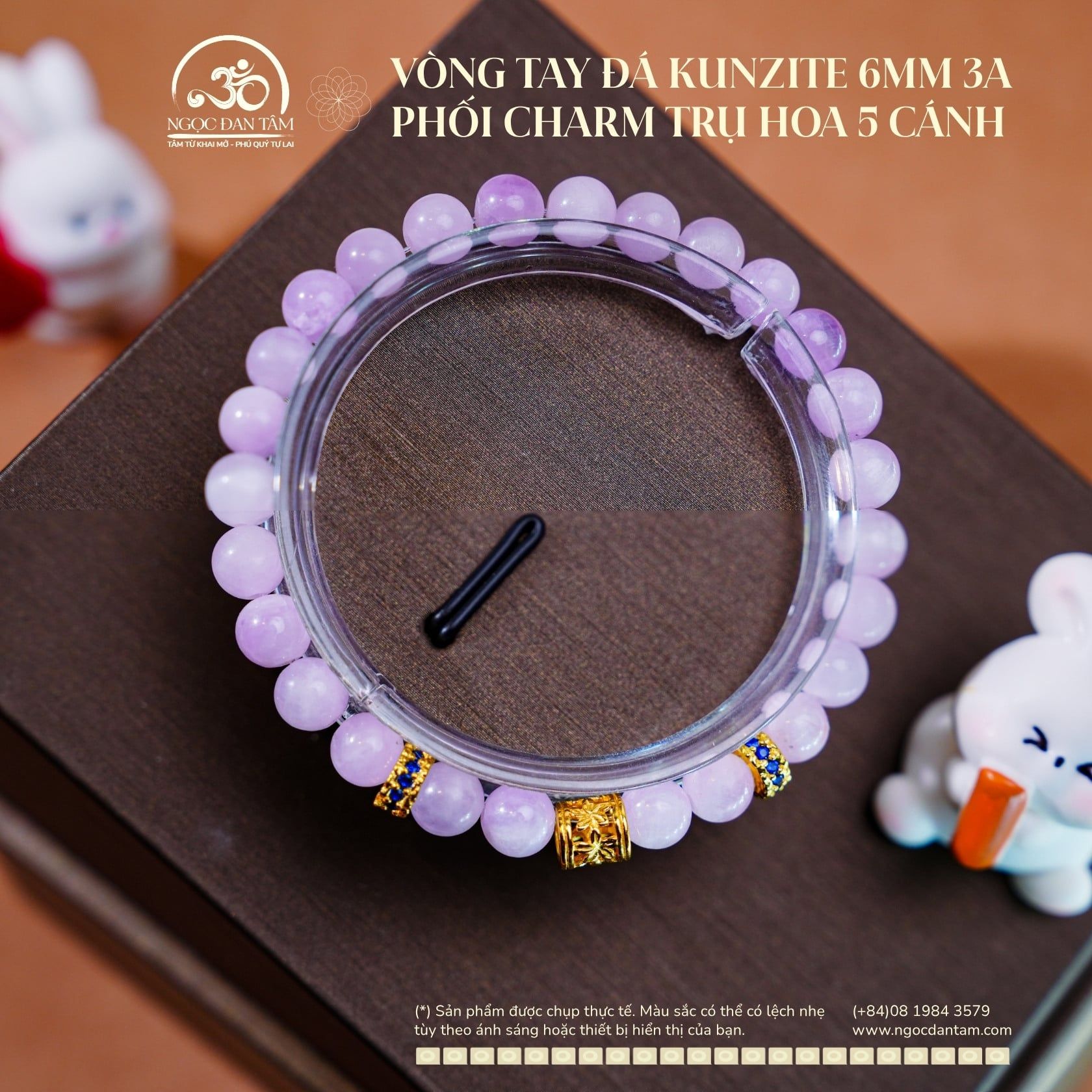  Vòng Tay Đá Kunzite 6mm 3A Phối Charm Trụ Hoa 5 Cánh & Charm Vảy Rồng Đá Xanh 