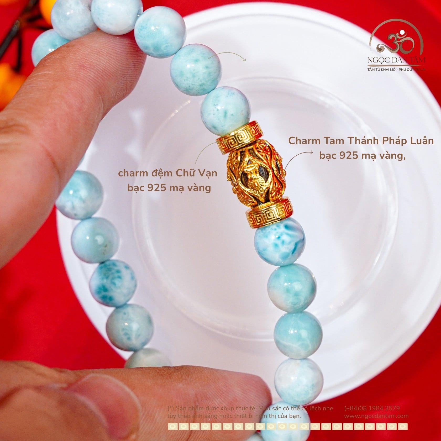 Vòng Tay Larima 9mm 5A Phối Charm Tam Thánh Pháp Luân 