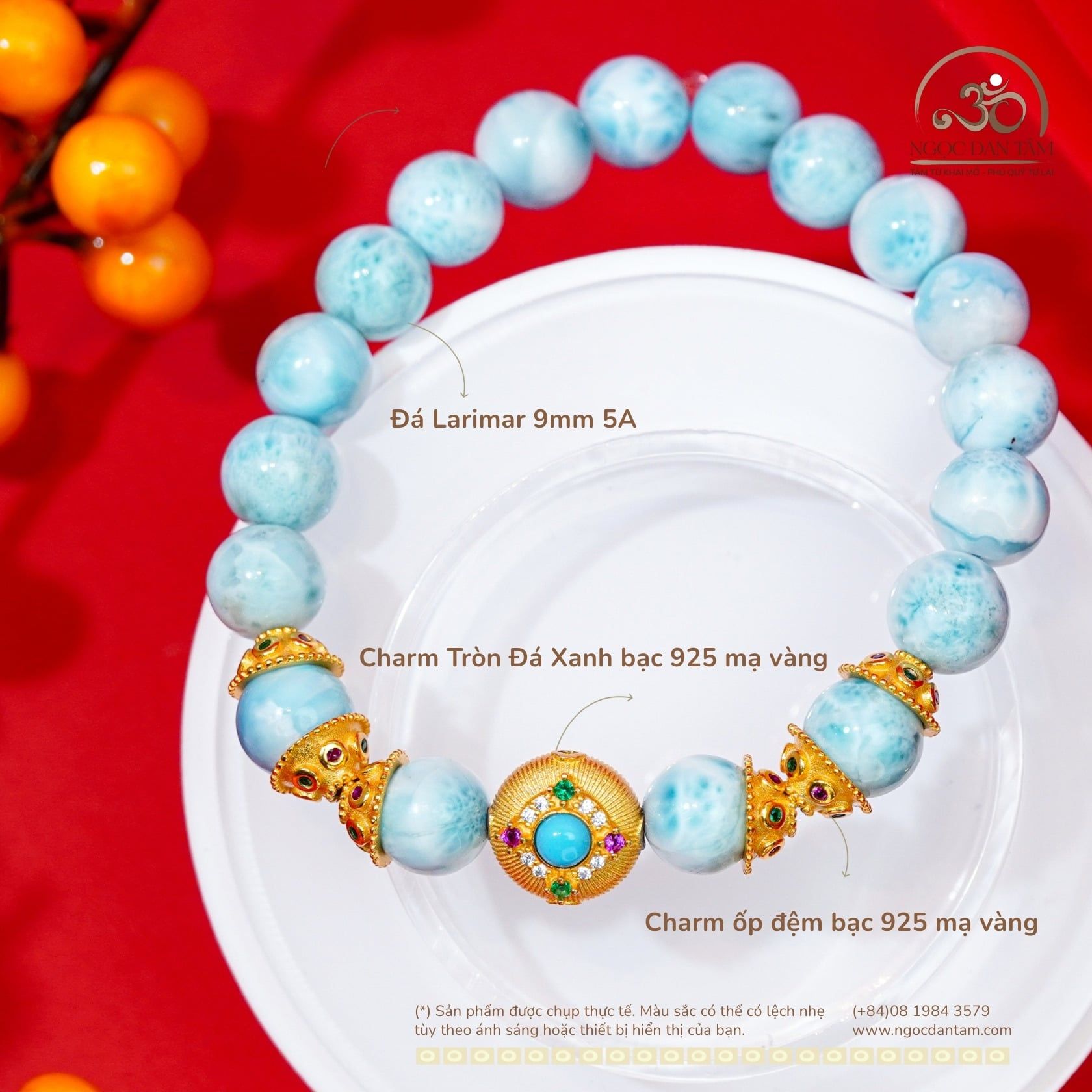  Vòng Tay Larimar 9mm 5A Phối Charm Tròn Đá Xanh 
