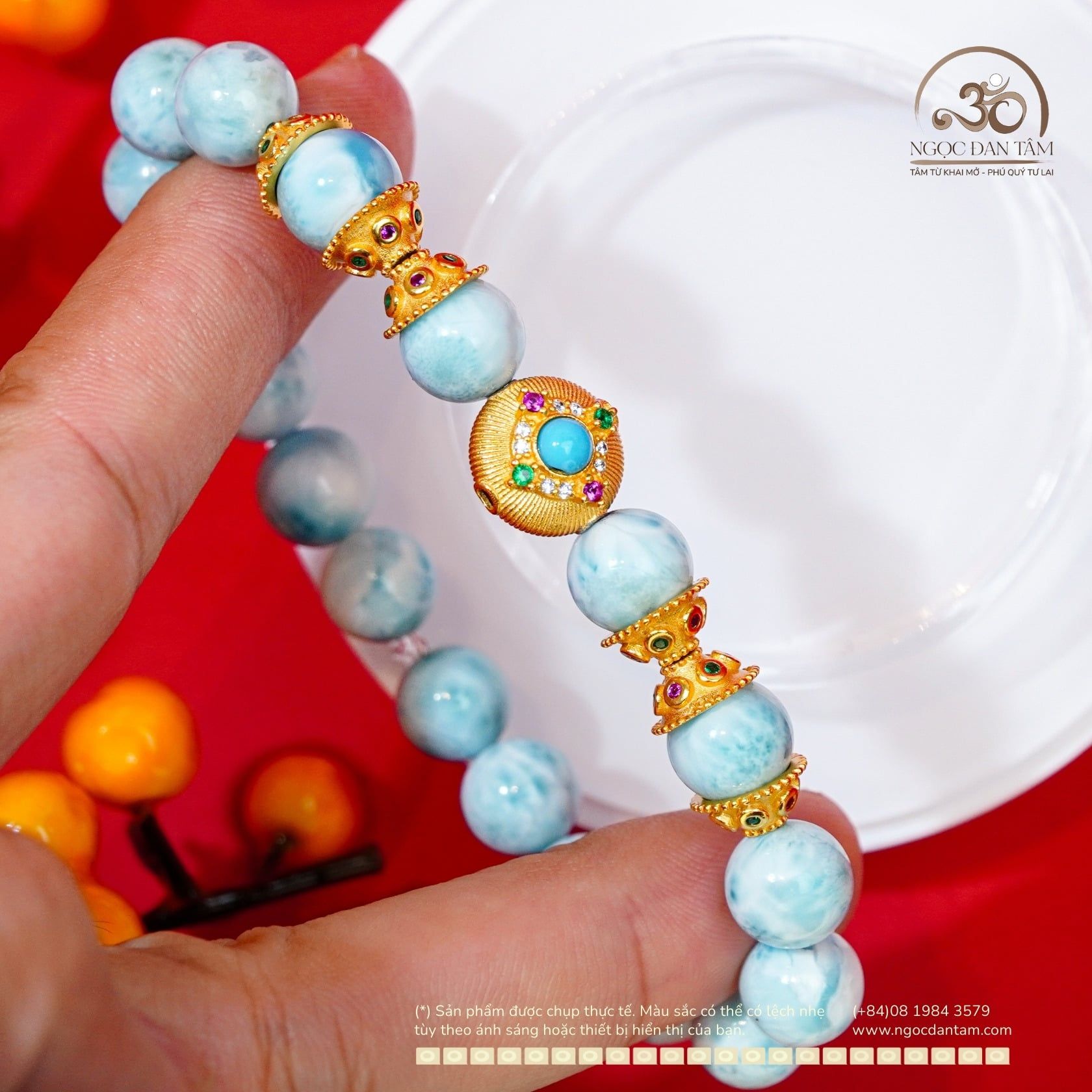  Vòng Tay Larimar 9mm 5A Phối Charm Tròn Đá Xanh 