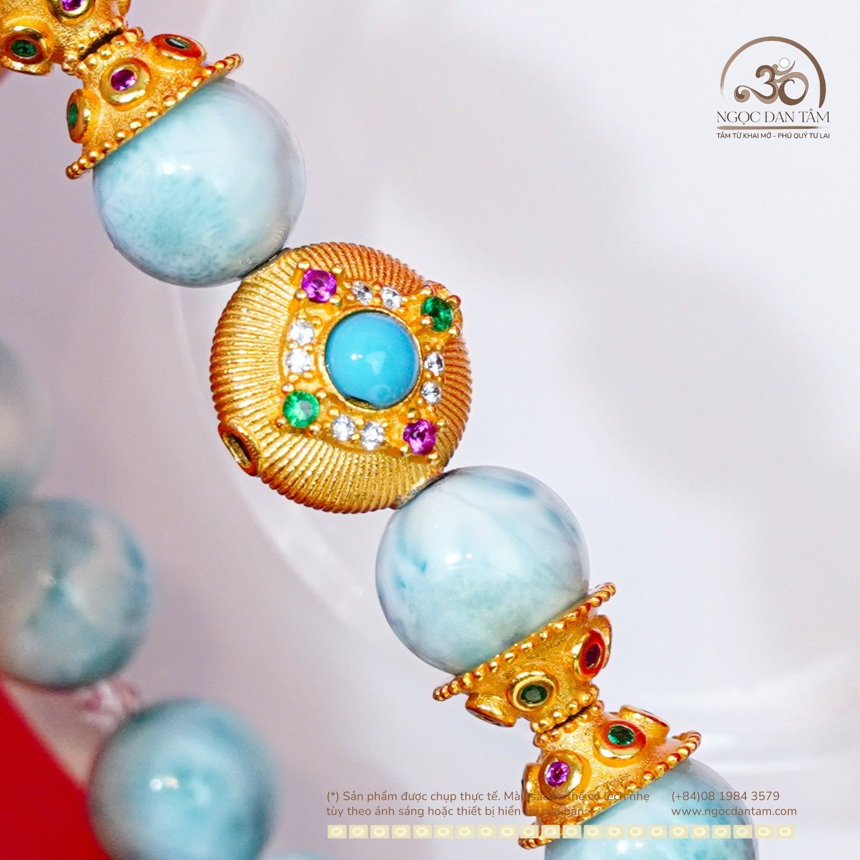  Vòng Tay Larimar 9mm 5A Phối Charm Tròn Đá Xanh 