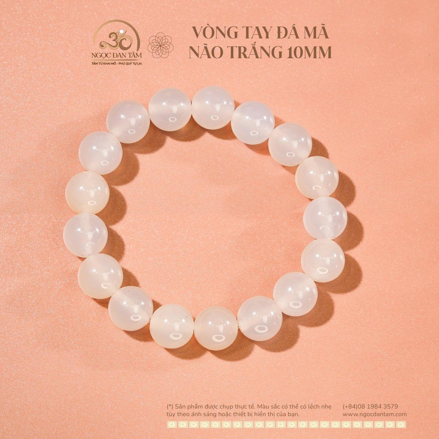  Vòng Tay Đá Mã Não Trắng 10mm 