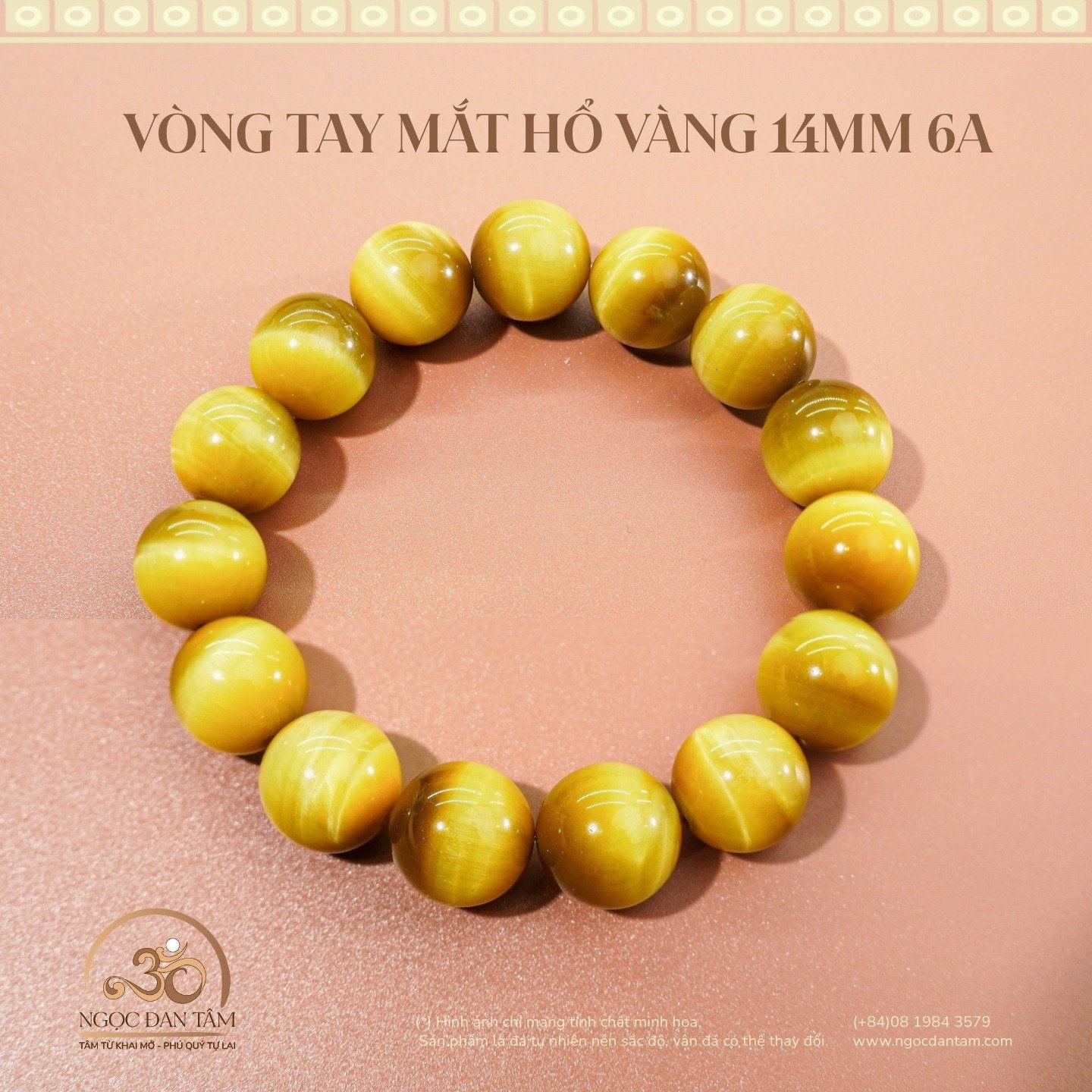  Vòng Tay Đá Mắt Hổ Vàng 14mm 6A 