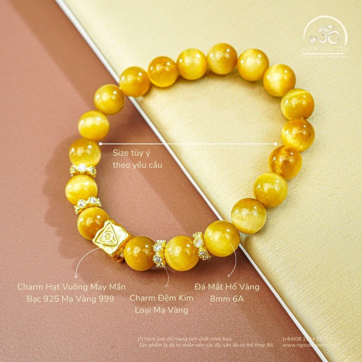  Vòng Tay Đá Mắt Hổ Vàng 8mm 6A Phối Charm Vuông 