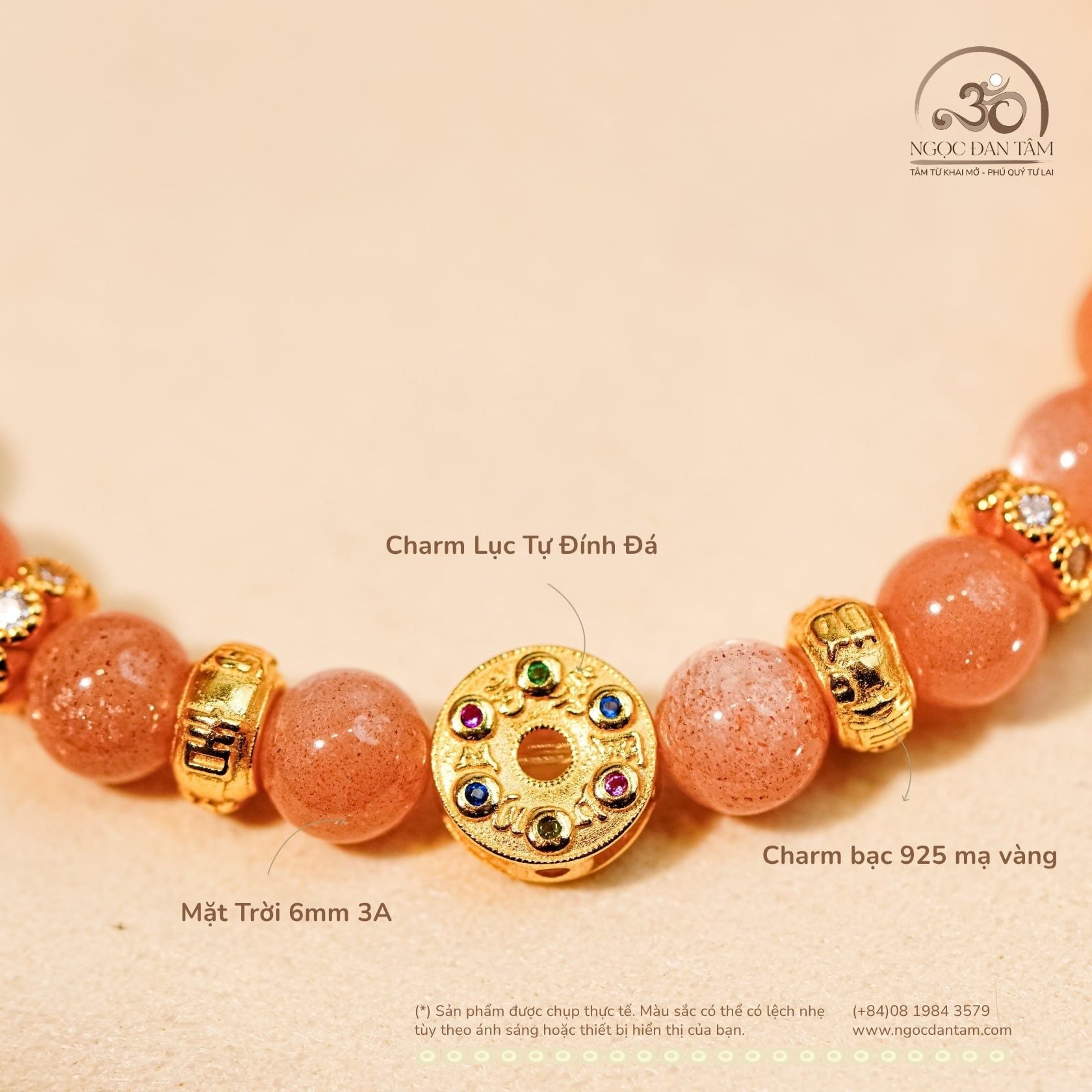  Vòng Tay Mặt Trời 6mm 3A Phối Charm Lục Tự Đính Đá 