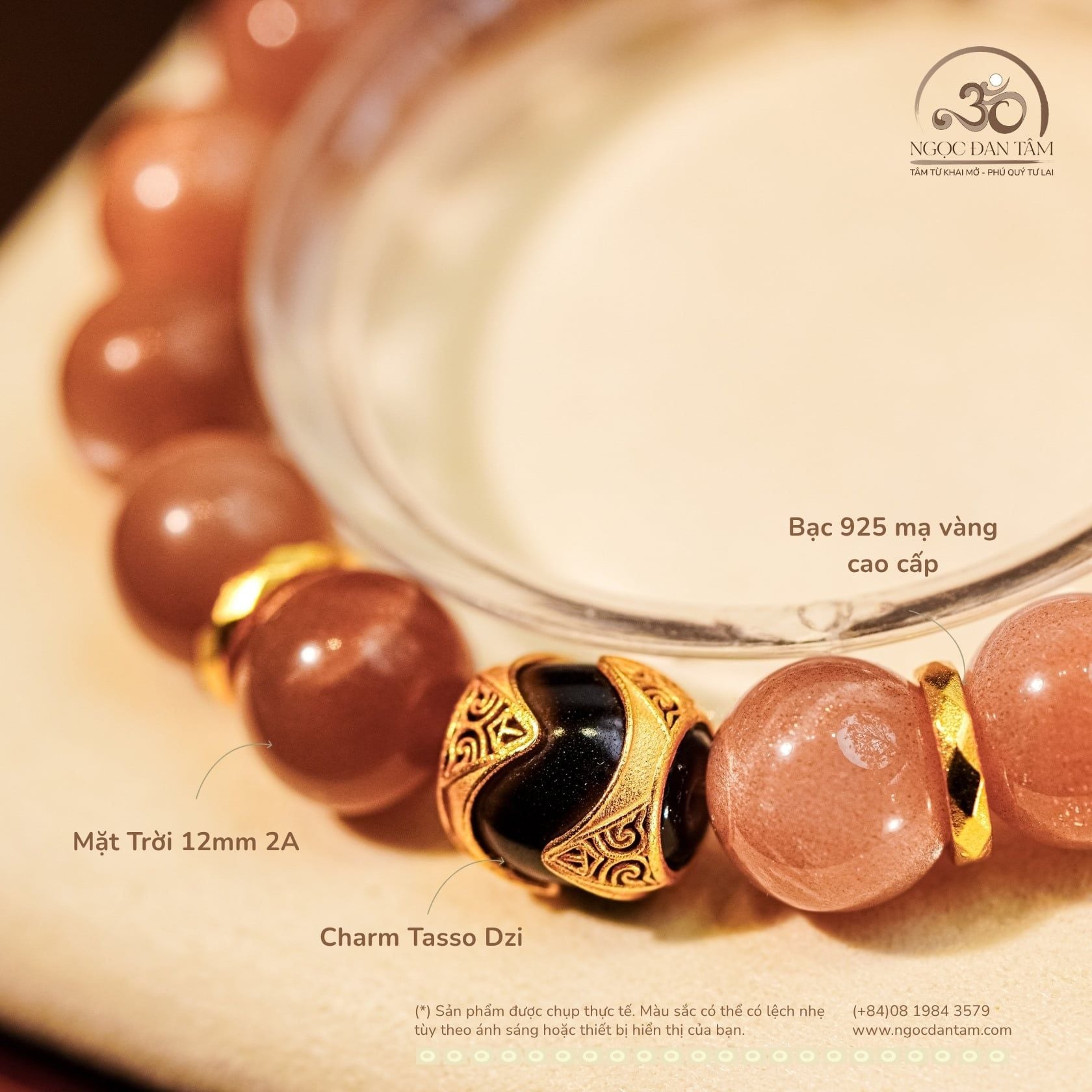  Vòng Tay Mặt Trời 12mm 3A Phối Charm Dzi Lu Thống 