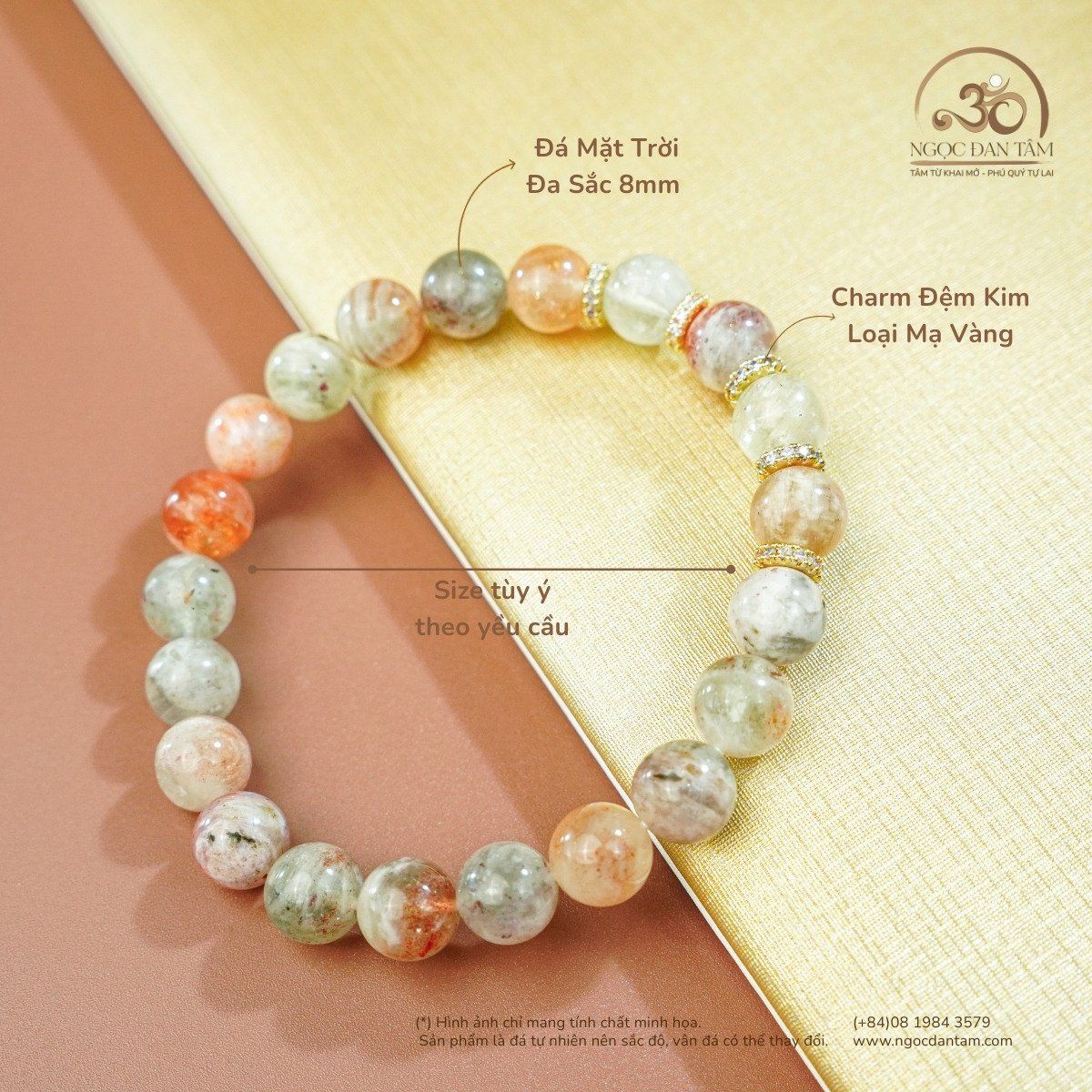  Vòng Tay Đá Mặt Trời Đa Sắc Phối 8mm Charm Mạ Vàng 