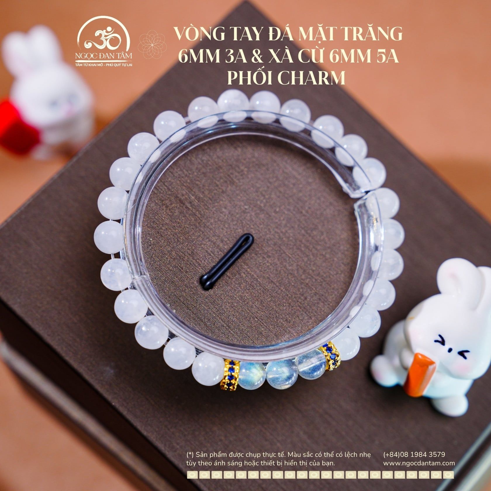  Vòng Tay Đá Mặt Trăng 6mm 3A & Xà Cừ 6mm 5A Phối Charm Charm Vảy Rồng Đá Xanh 