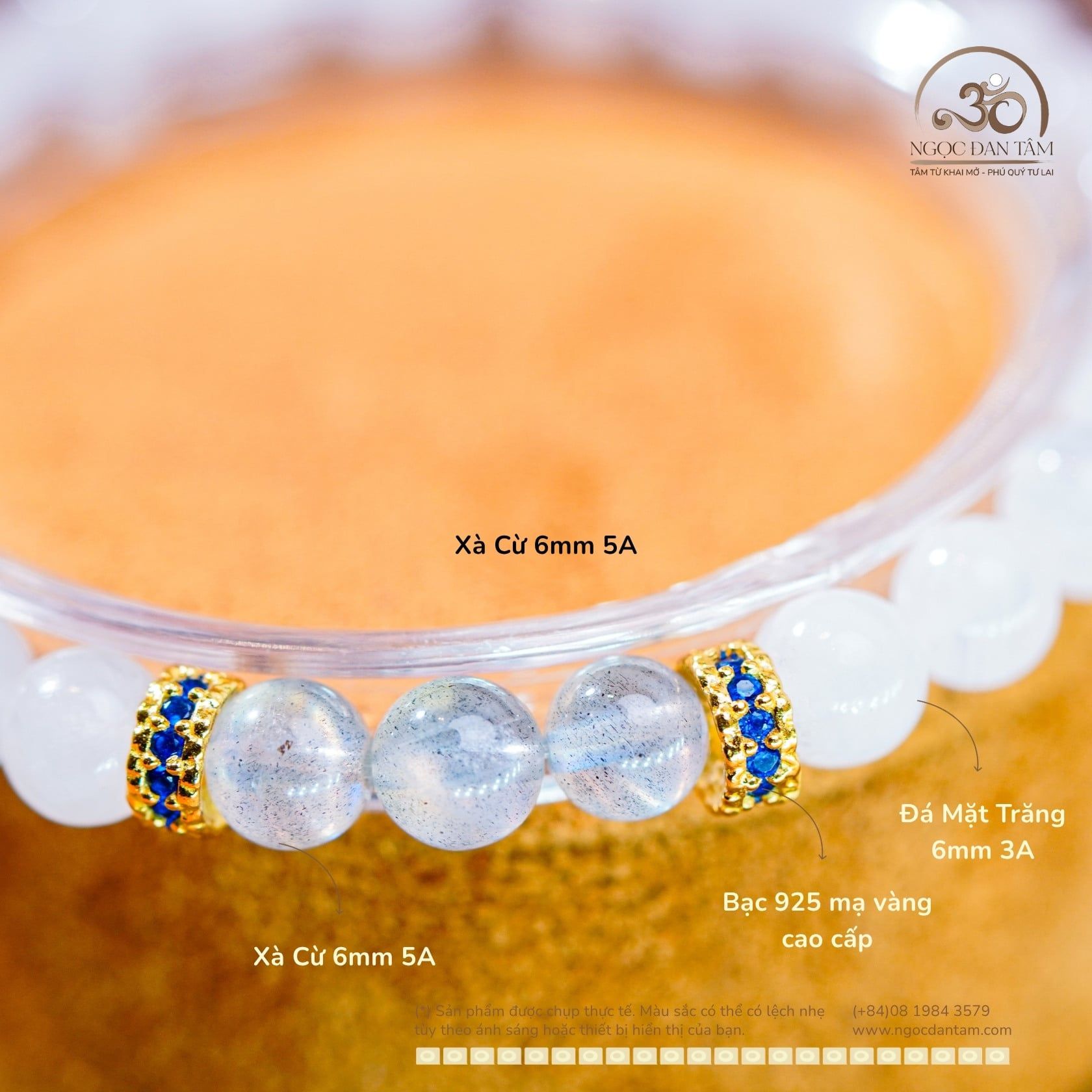  Vòng Tay Đá Mặt Trăng 6mm 3A & Xà Cừ 6mm 5A Phối Charm Charm Vảy Rồng Đá Xanh 