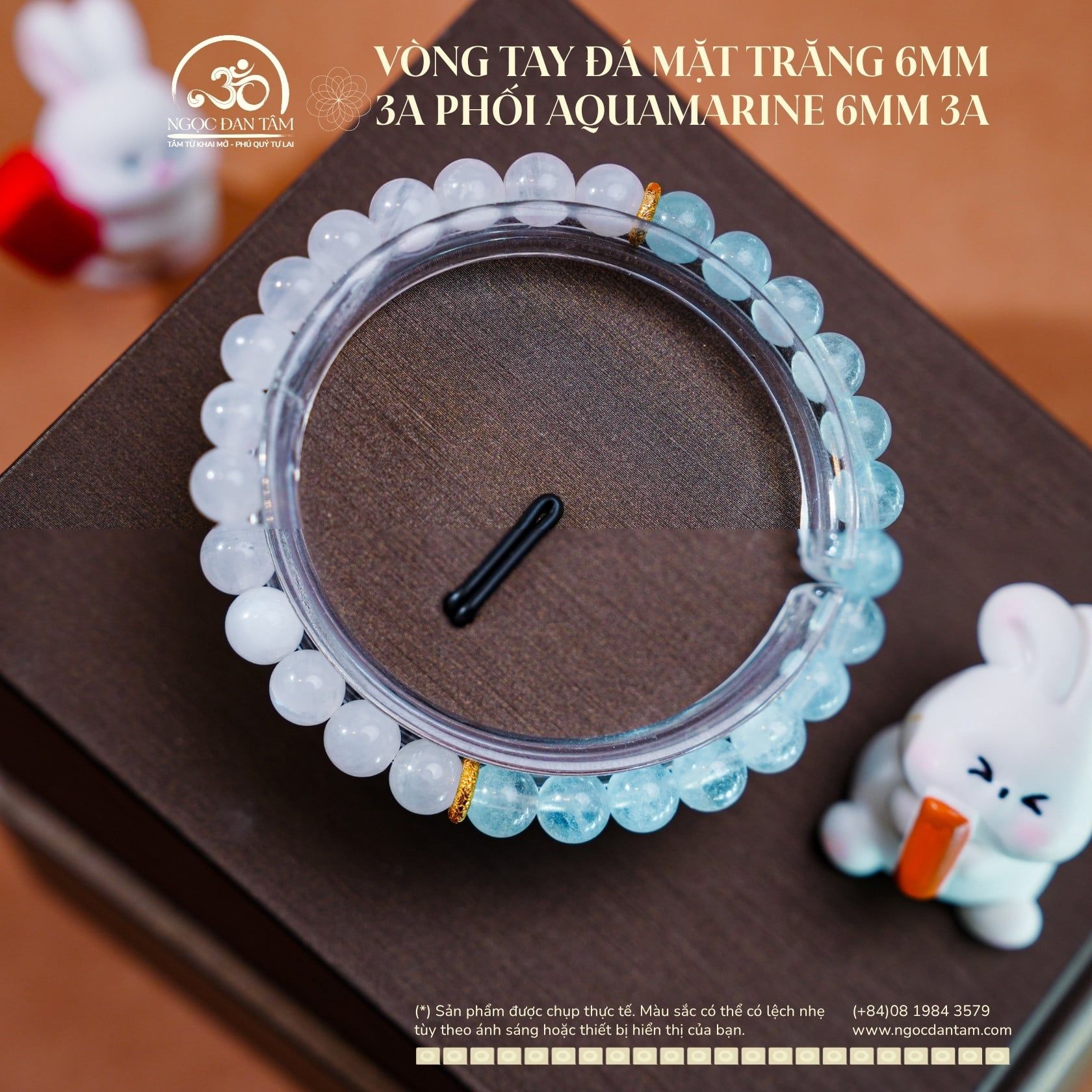  Vòng Tay Đá Mặt Trăng 6mm 3A Phối Aquamarine 6mm 3A 
