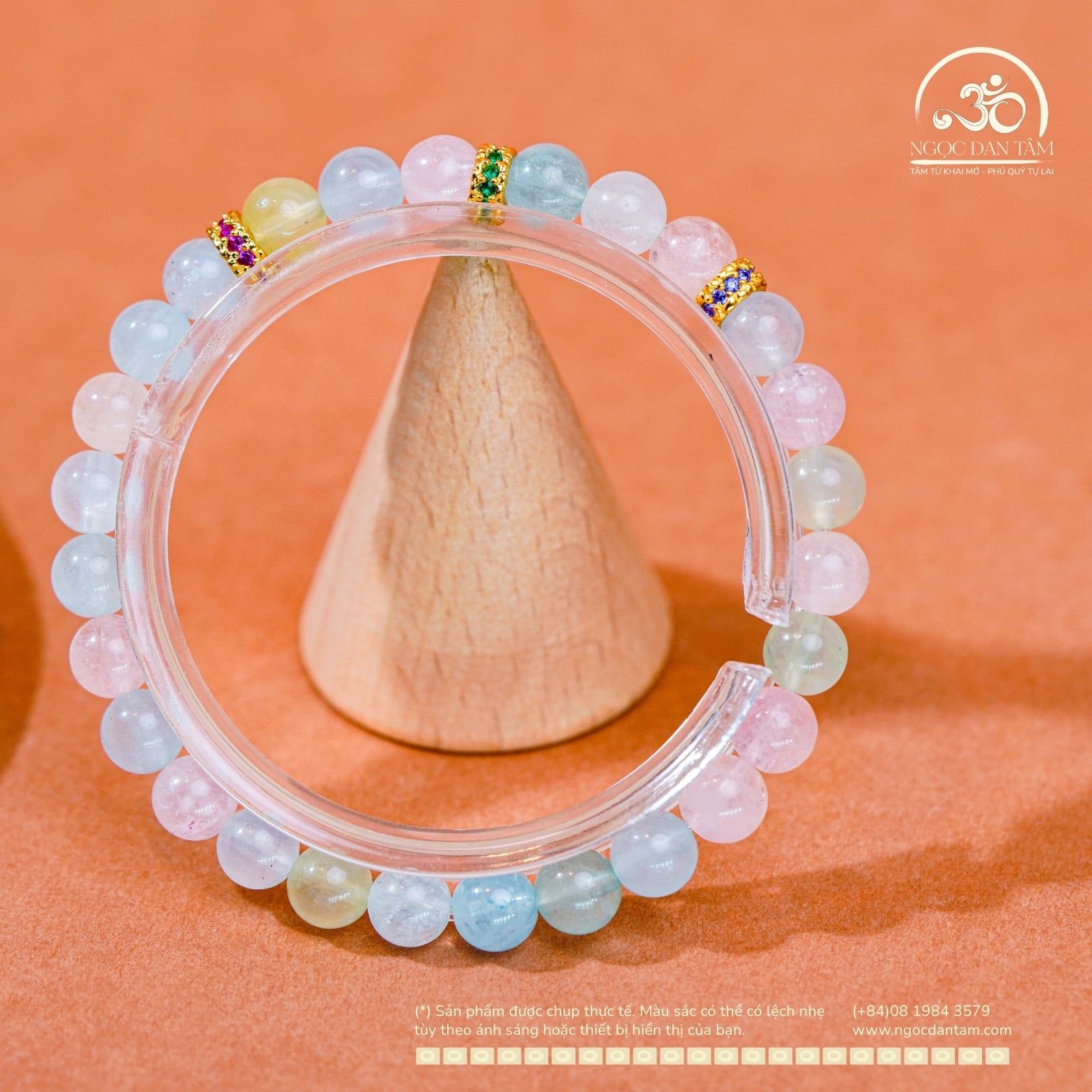  Vòng Tay Đá Morganite 6mm 3A Phối Charm Charm Vảy Rồng 3 Màu 