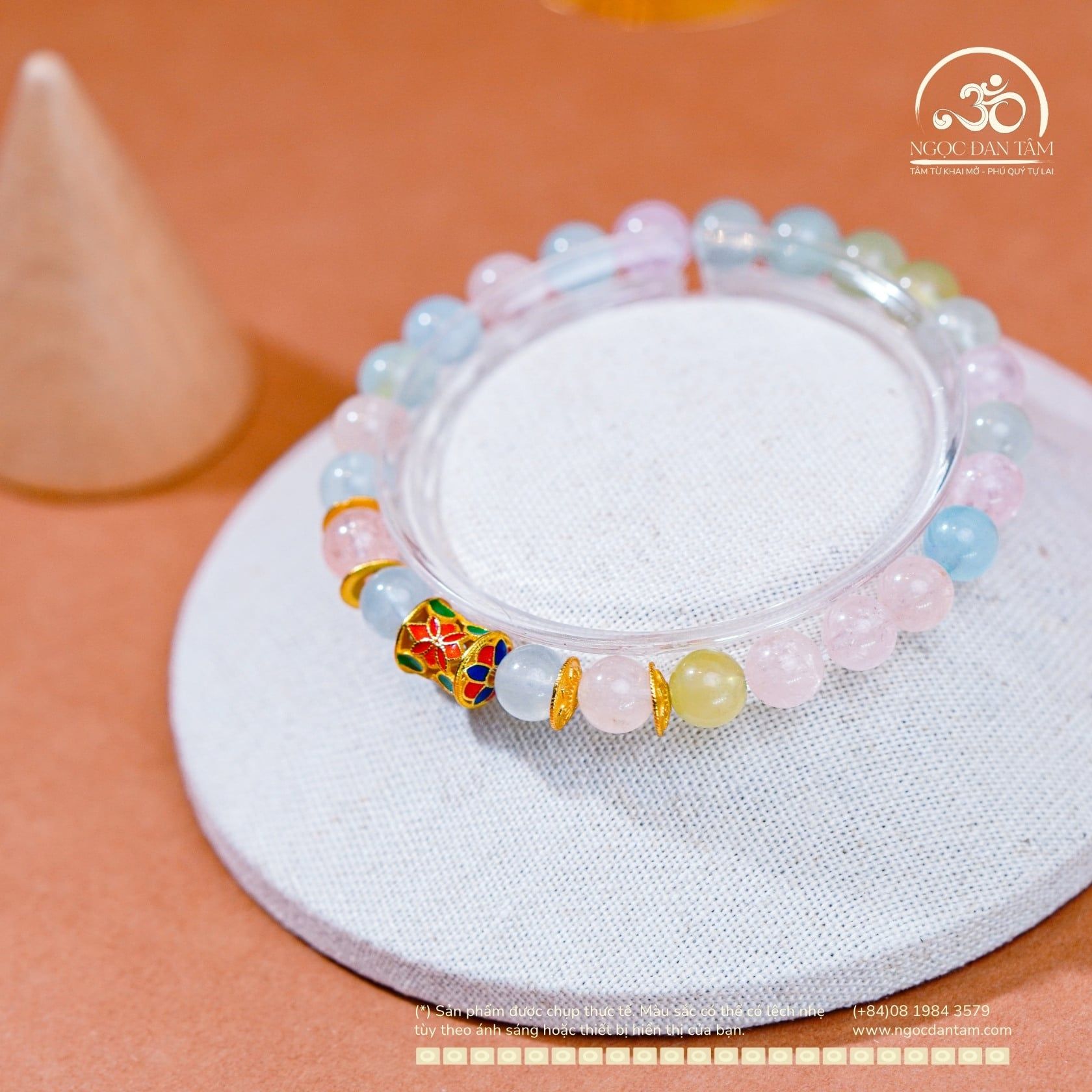  Vòng Tay Đá Morganite 6mm 3A Phối Charm Hoa Đa Sắc 