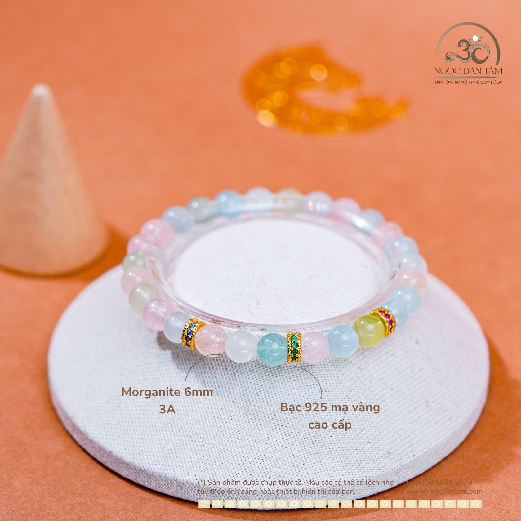  Vòng Tay Đá Morganite 6mm 3A Phối Charm Charm Vảy Rồng 3 Màu 