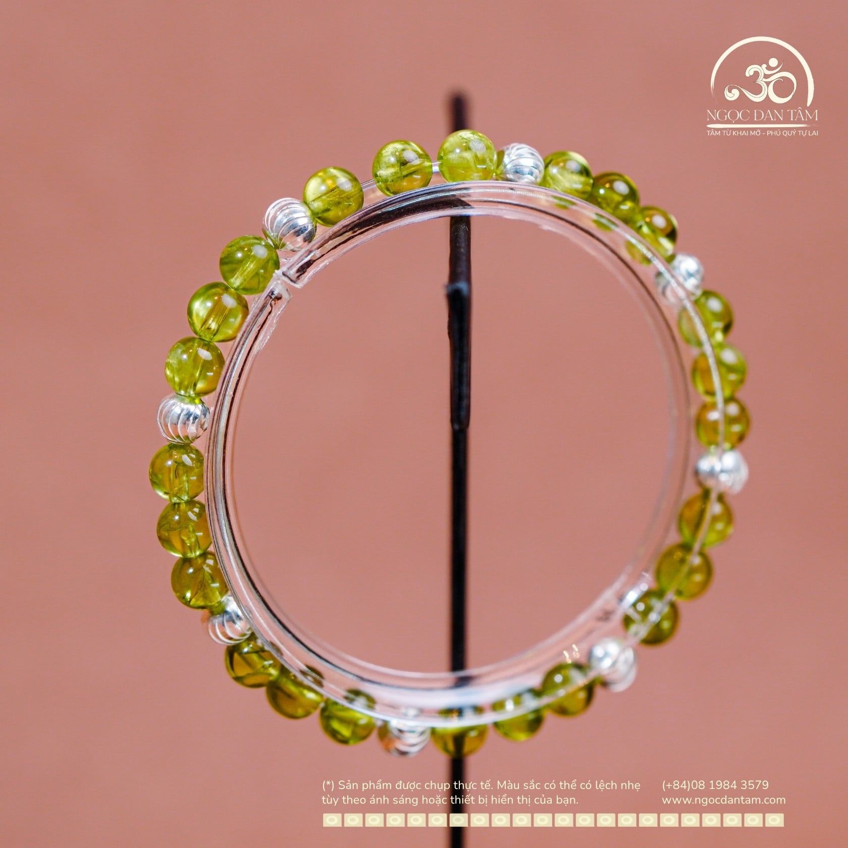  Vòng Tay Đá Peridot 6mm 5A Phối Charm Bi Bạc 