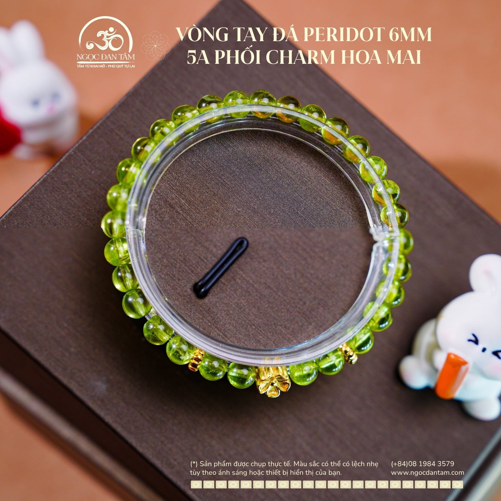  Vòng Tay Đá Peridot 6mm 5A Phối Charm Hoa Mai 