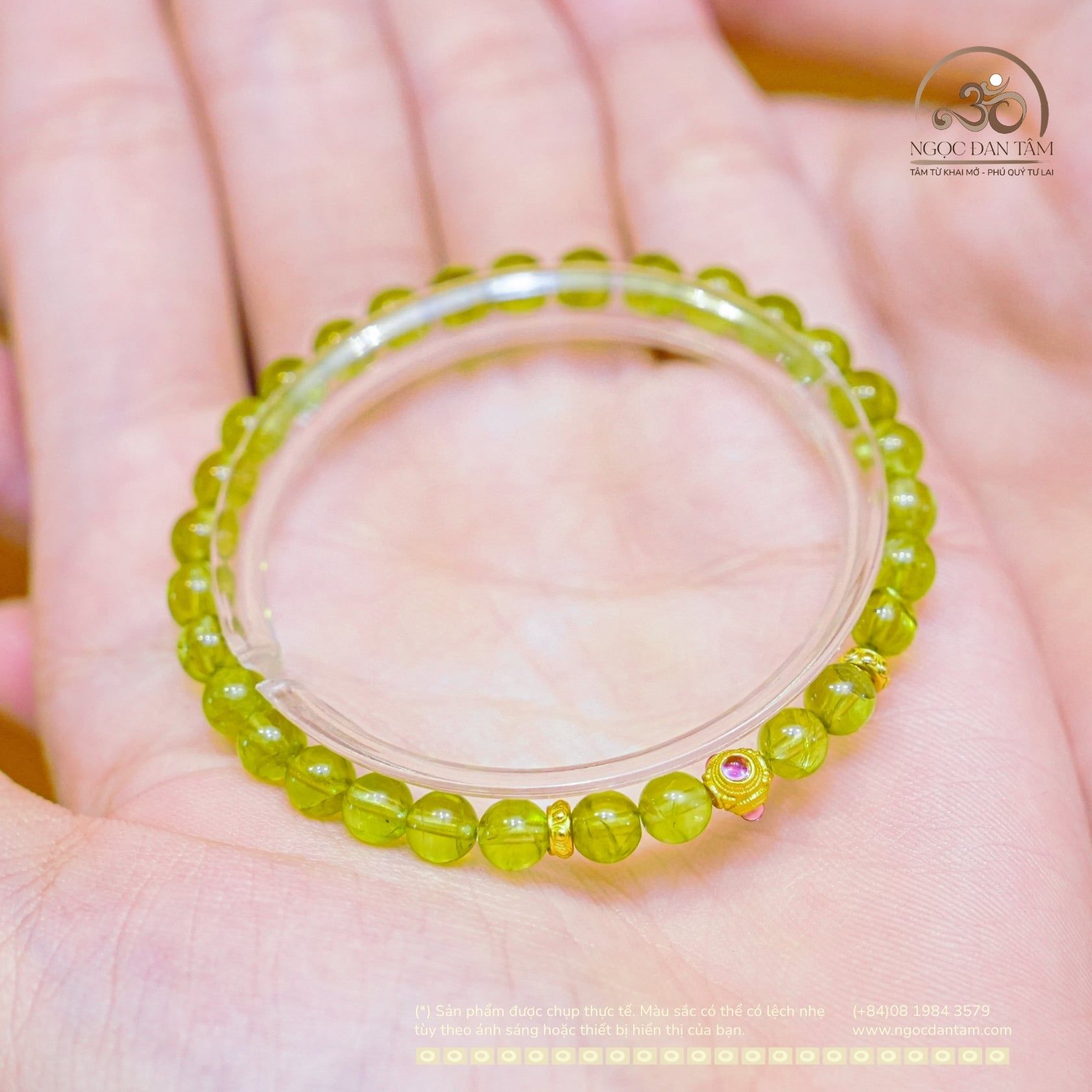  Vòng Tay Đá Peridot 6mm 5A Phối Charm Tròn Đính Đá Hồng 
