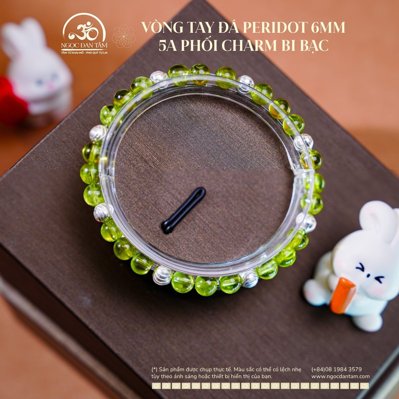  Vòng Tay Đá Peridot 6mm 5A Phối Charm Bi Bạc 