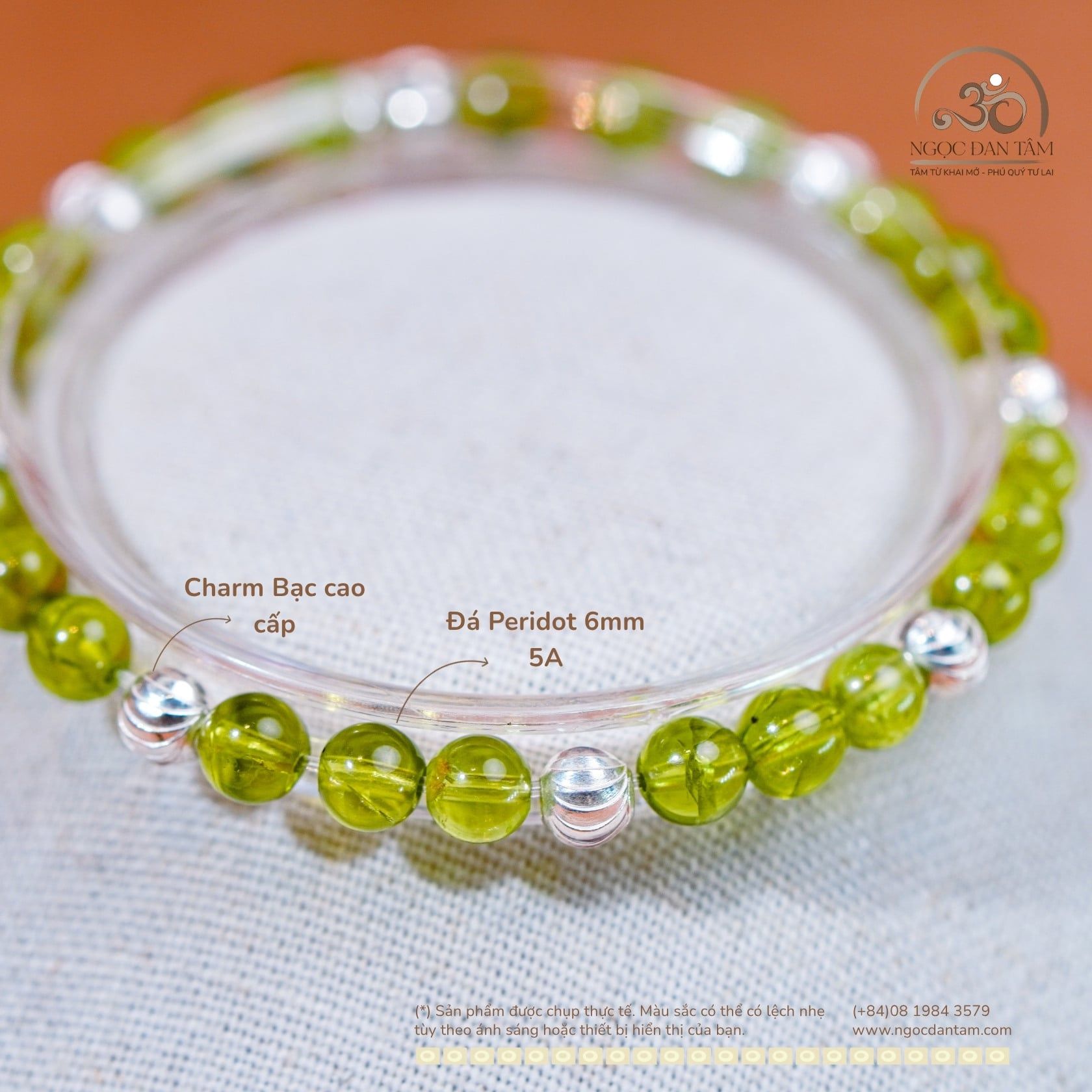  Vòng Tay Đá Peridot 6mm 5A Phối Charm Bi Bạc 