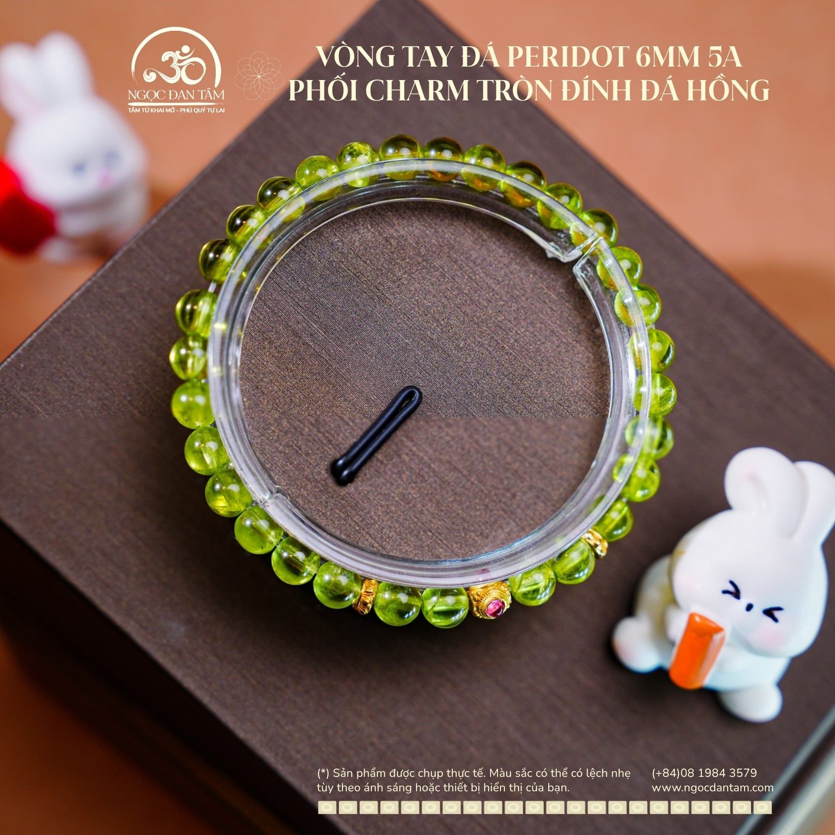  Vòng Tay Đá Peridot 6mm 5A Phối Charm Tròn Đính Đá Hồng 