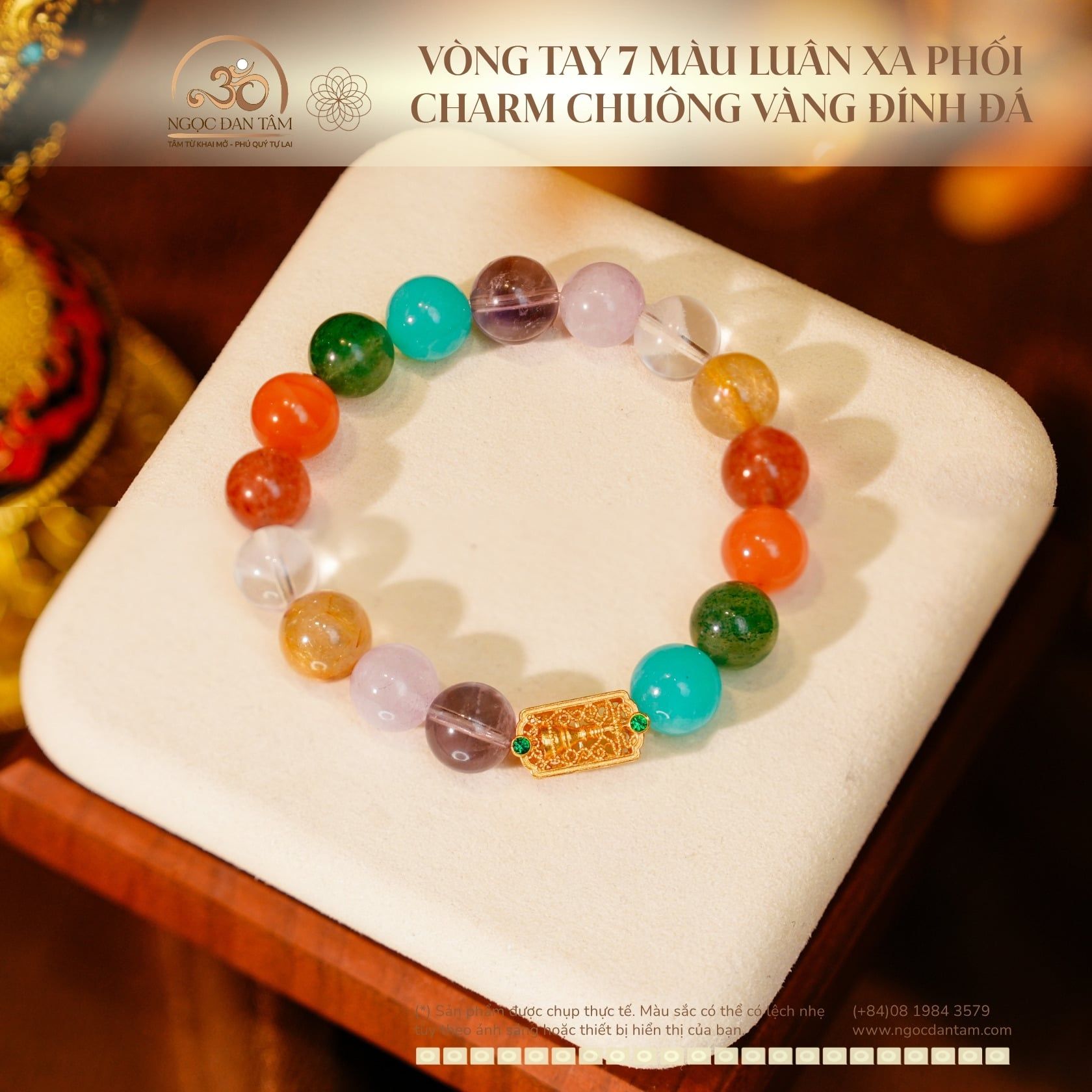  Vòng Tay 7 Màu Luân Xa Phối Charm Chuông Vàng Đính Đá 