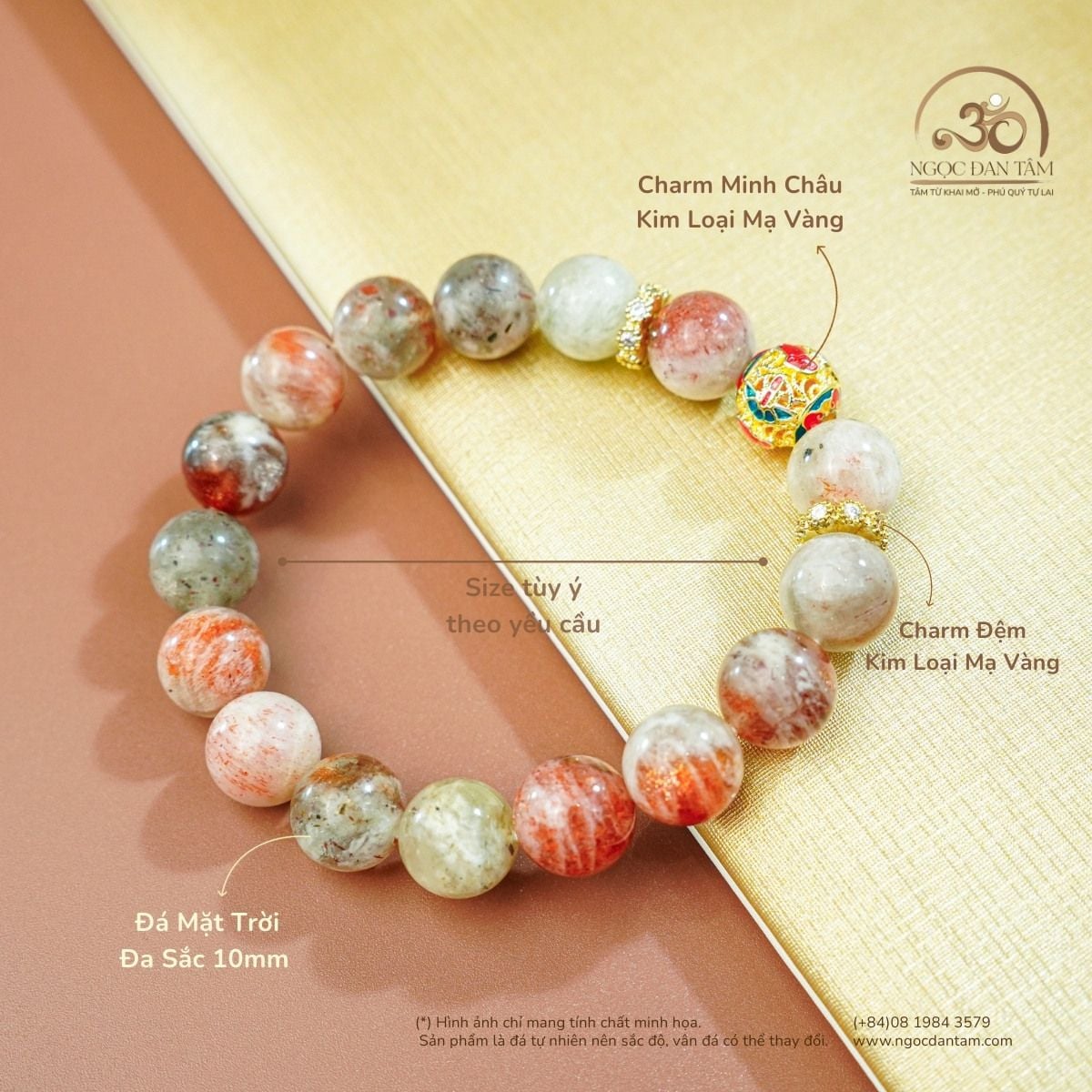 Vòng Tay Đá Mặt Trời Đa Sắc 10mm Phối Charm Minh Châu 