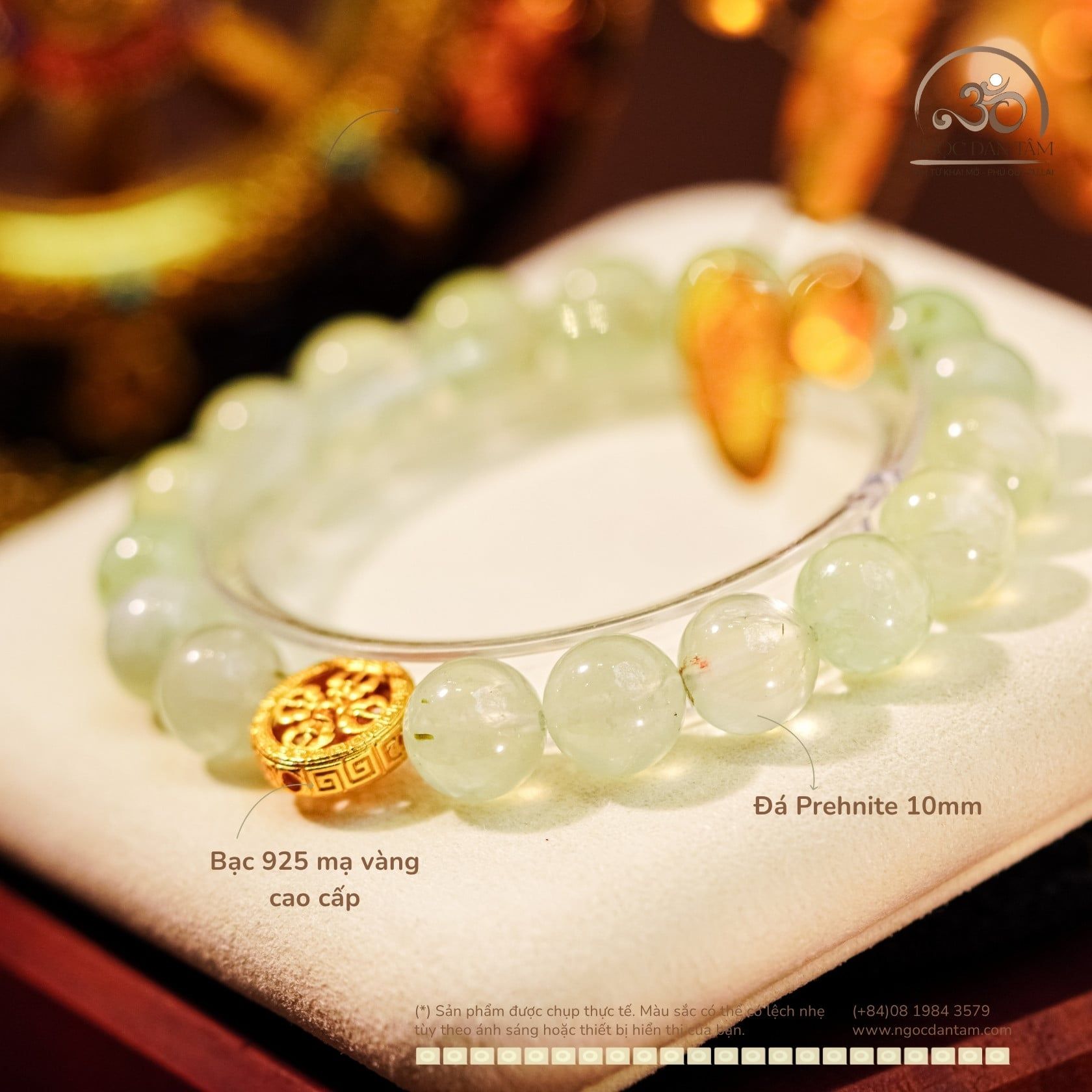  Vòng Tay Đá Prehnite 10mm 2A Phối Charm Bánh Xe Pháp Luân 