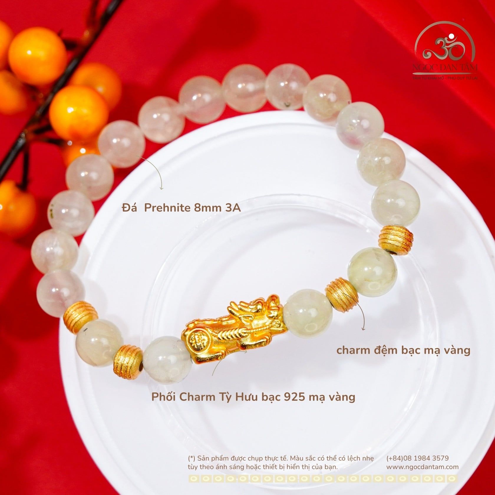  Vòng Tay Prehnite 8mm 3A Phối Charm Tỳ Hưu 