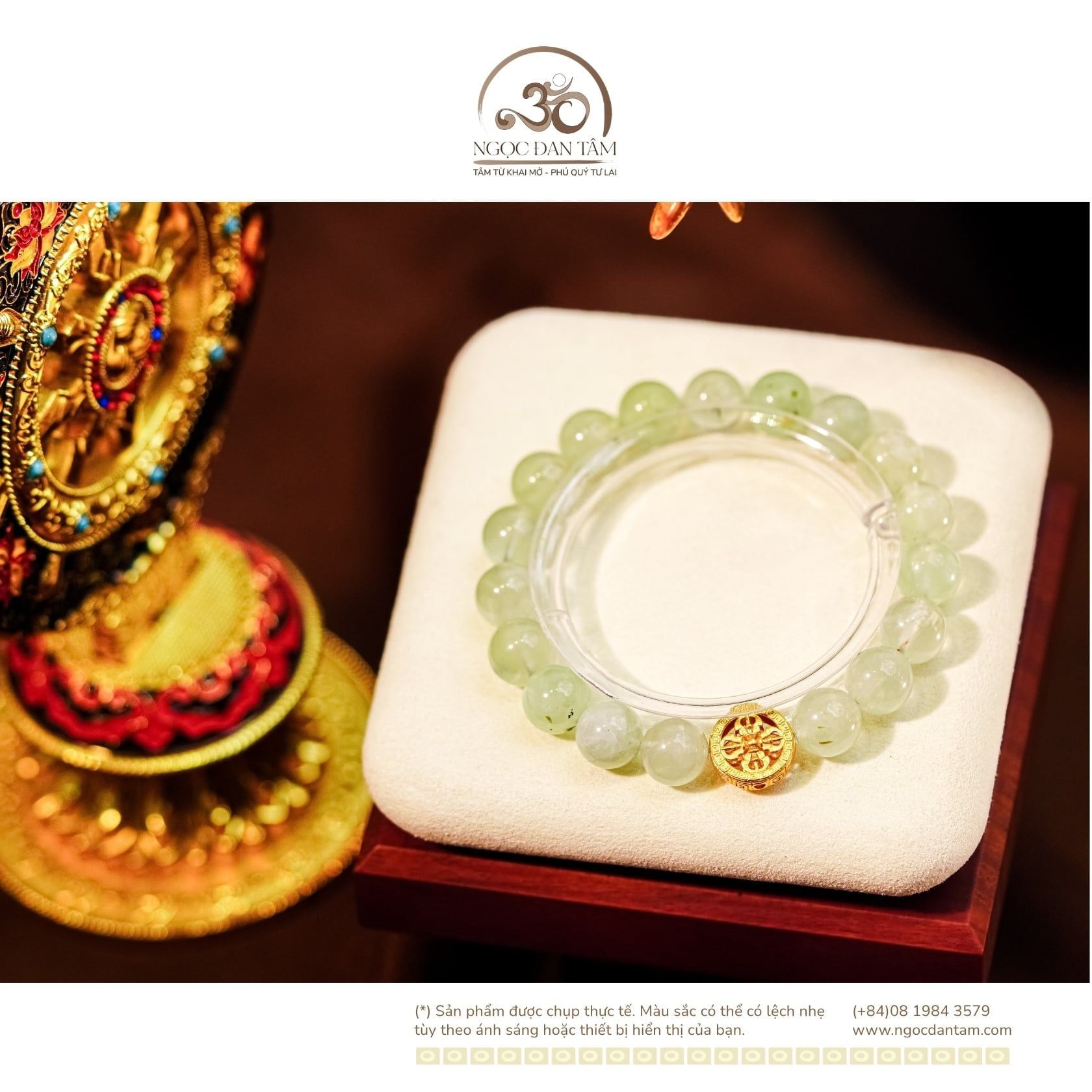  Vòng Tay Đá Prehnite 10mm 2A Phối Charm Bánh Xe Pháp Luân 