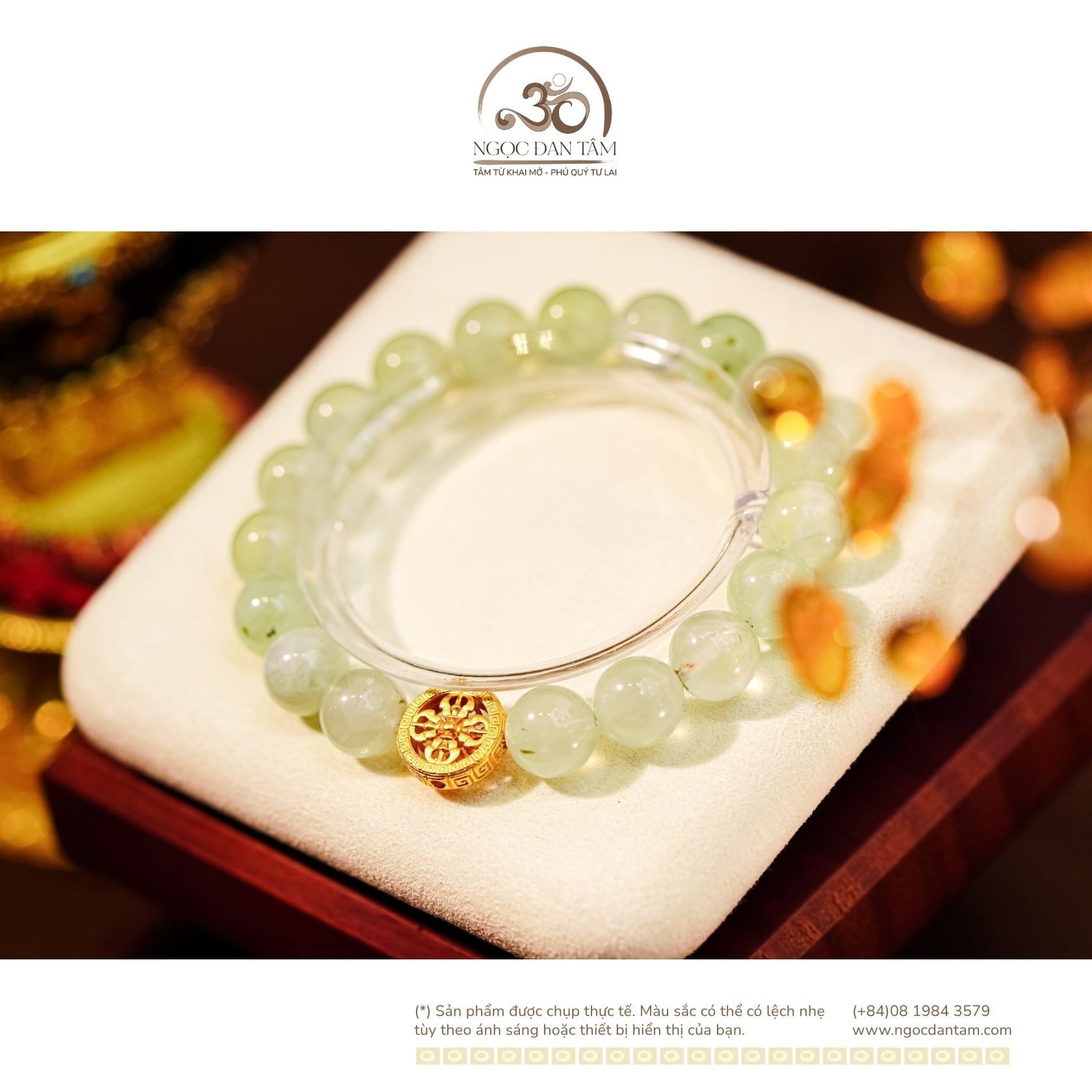  Vòng Tay Đá Prehnite 10mm 2A Phối Charm Bánh Xe Pháp Luân 