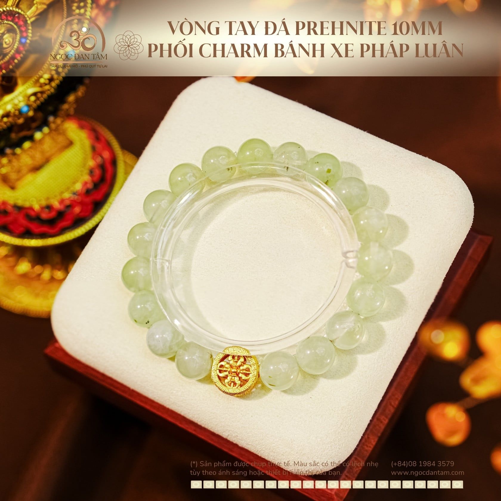  Vòng Tay Đá Prehnite 10mm 2A Phối Charm Bánh Xe Pháp Luân 