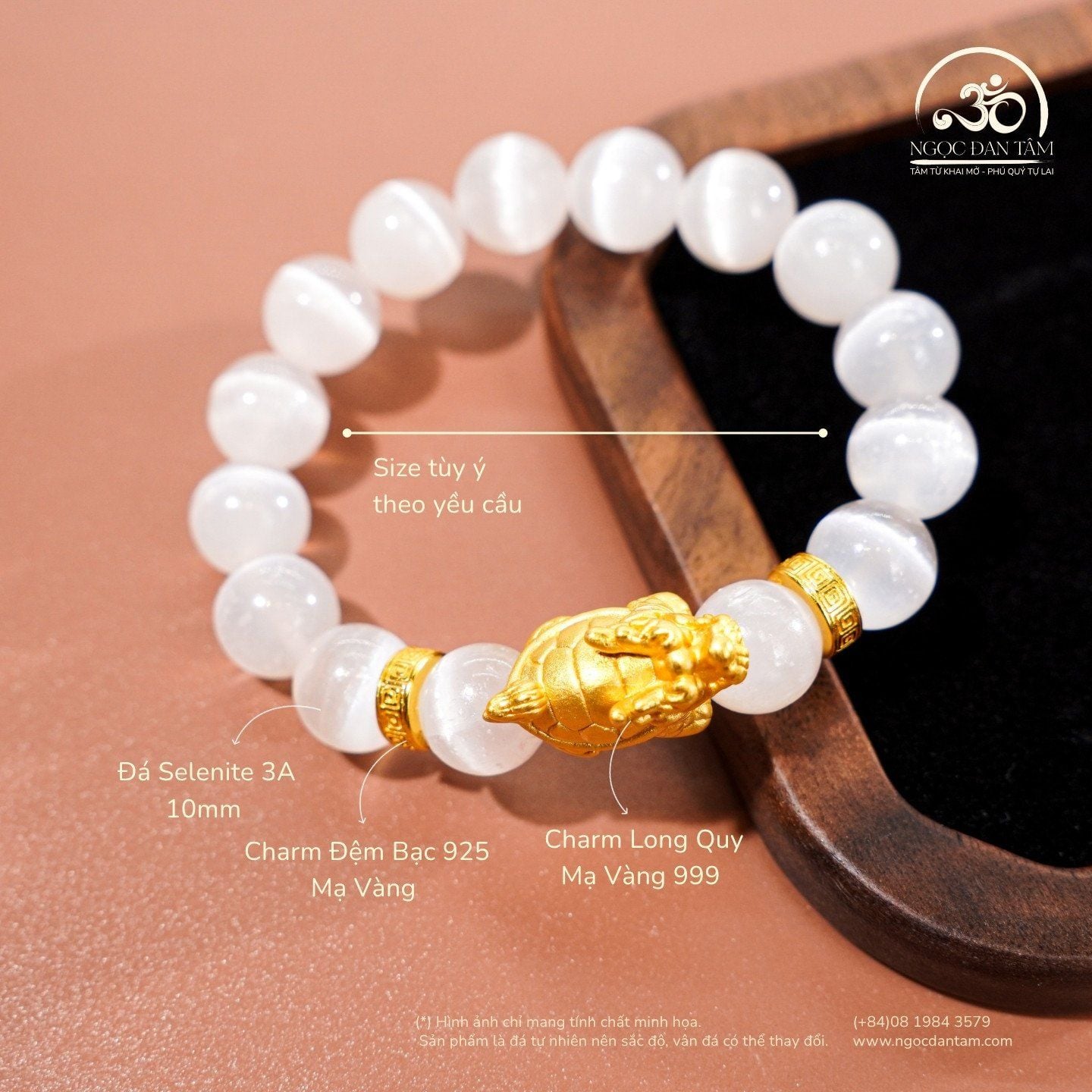  Vòng Tay Đá Selenite 3A - 10mm Phối Charm Long Quy 