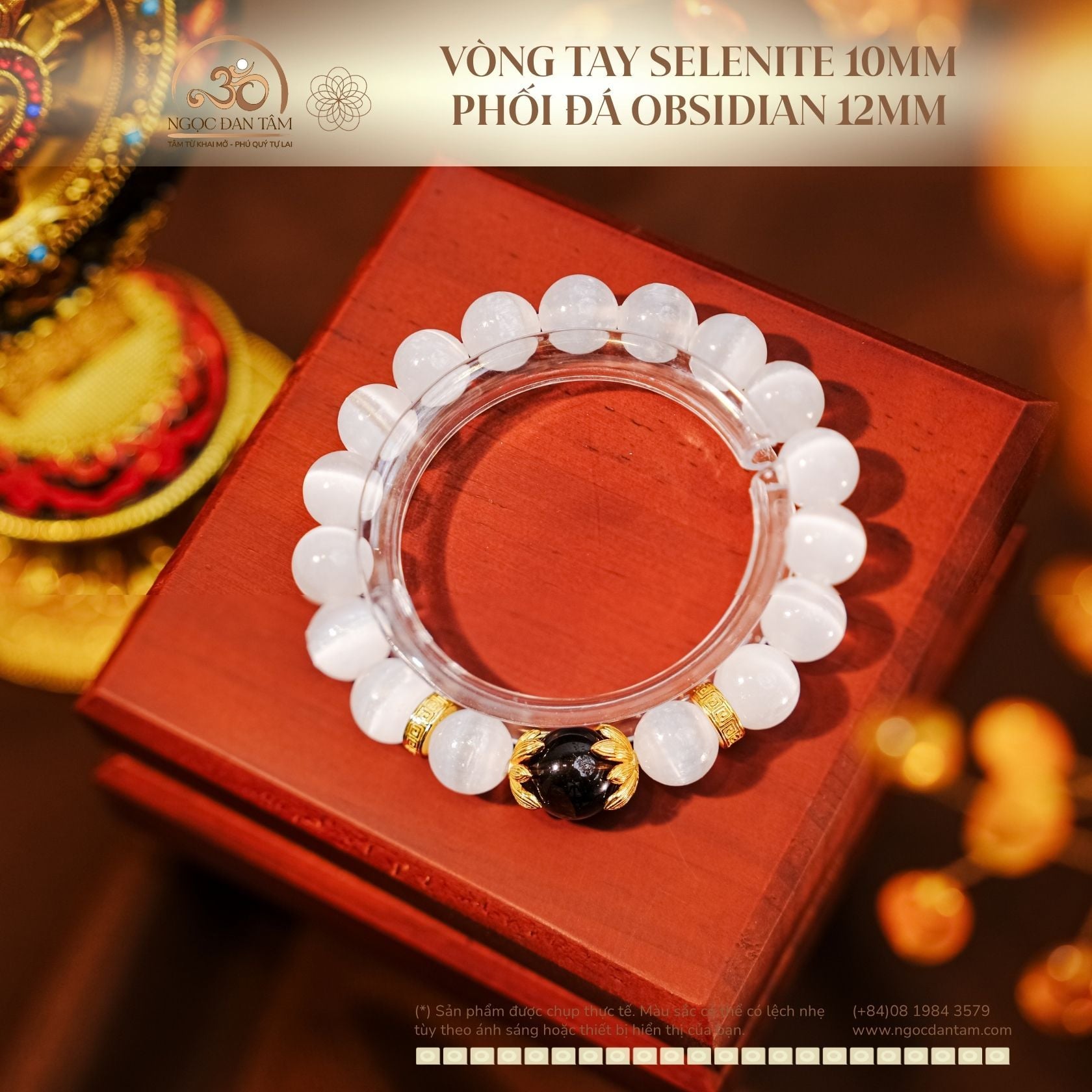  Vòng Tay Selenite 10mm 3A Phối Obsidian 12mm 2A 